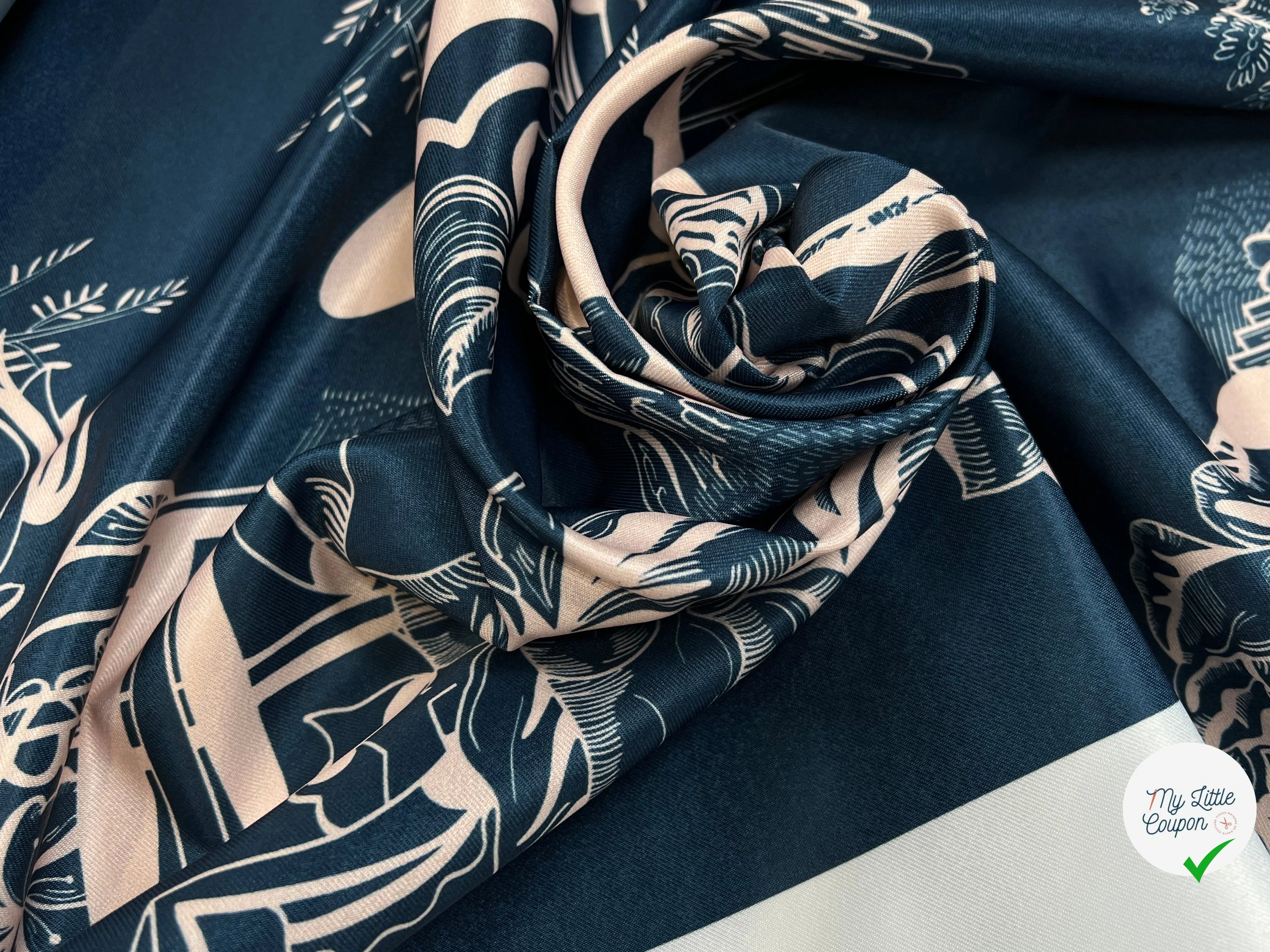 SATIN IMPRIMÉ MOTIF ABSTRAIT FOND BLEU POLYESTER 150CM - My Little Coupon