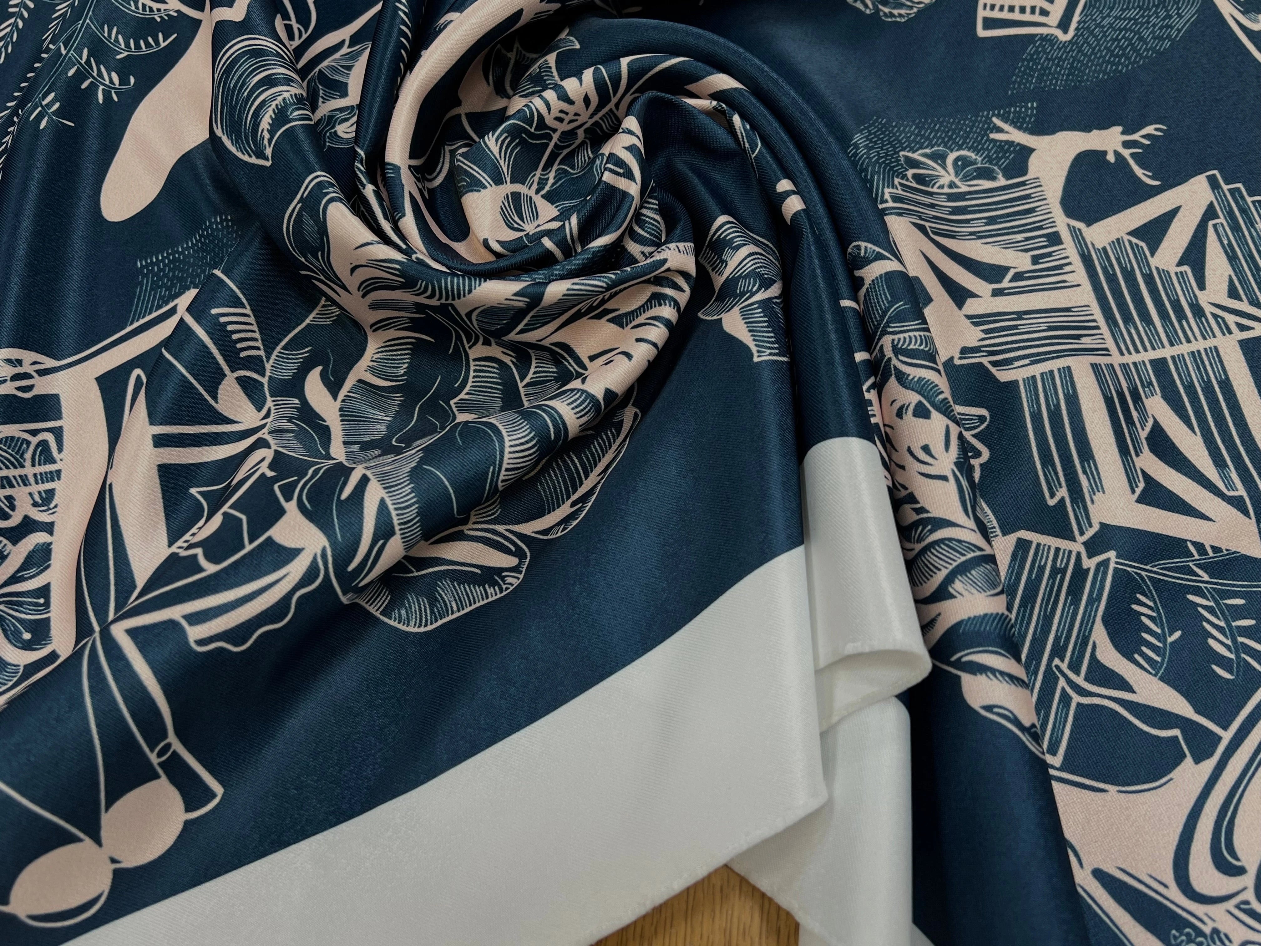 SATIN IMPRIMÉ MOTIF ABSTRAIT FOND BLEU POLYESTER 150CM - My Little Coupon