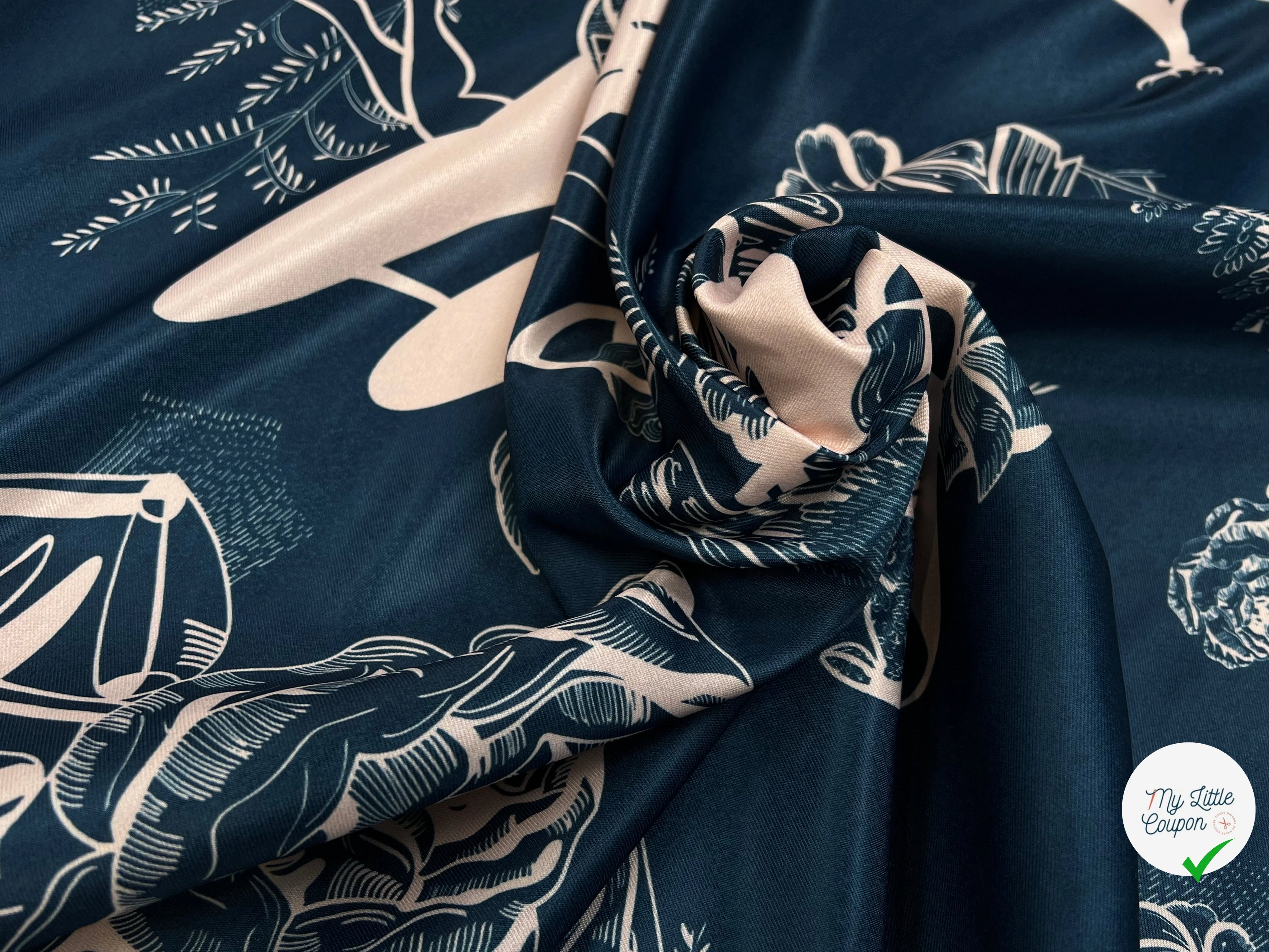 SATIN IMPRIMÉ MOTIF ABSTRAIT FOND BLEU POLYESTER 150CM - My Little Coupon