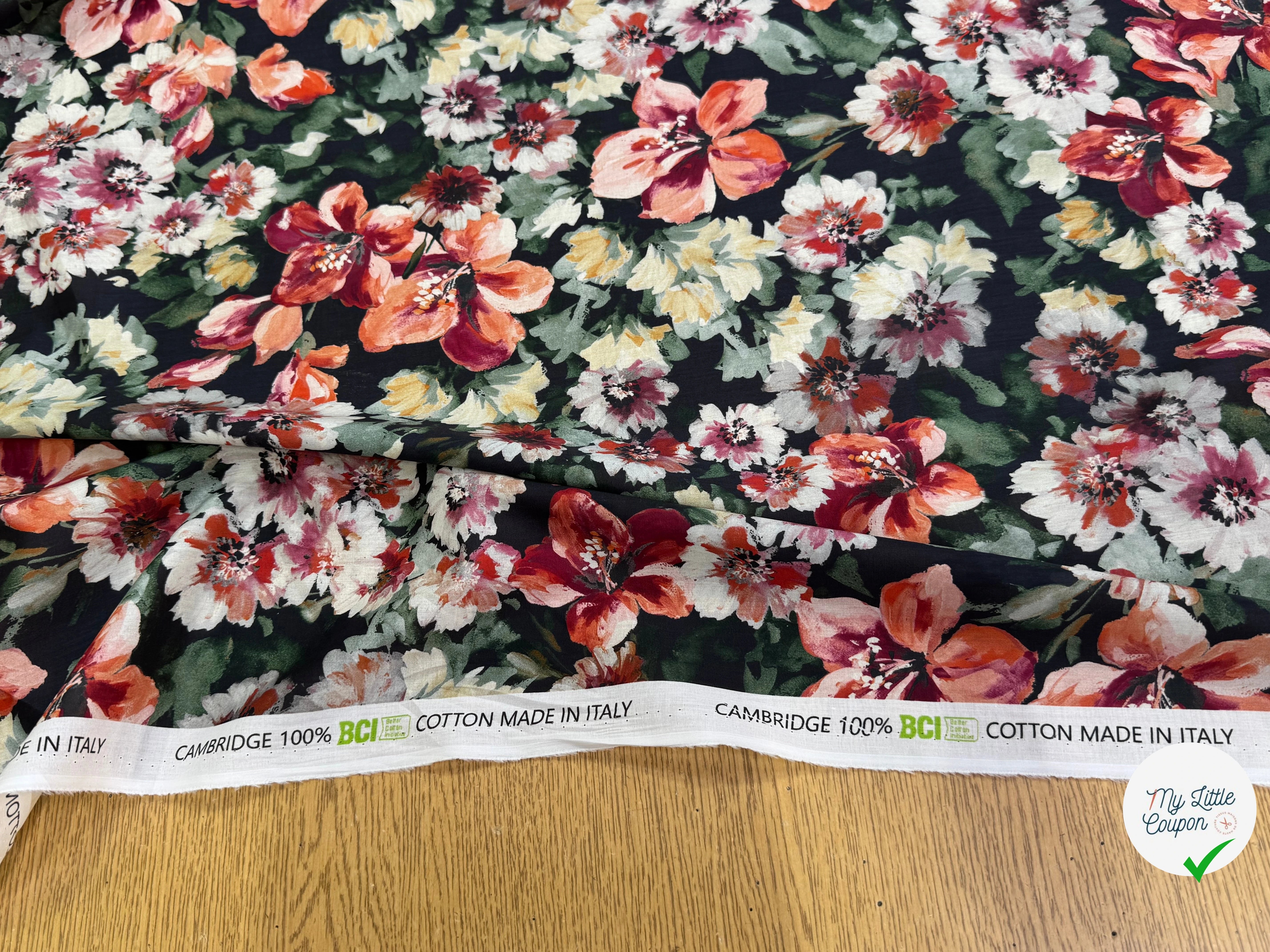 SATIN VOILE DE COTON ÉMERISE PREMIUM FOND NOIR DOUX MADE IN ITALY - My Little Coupon