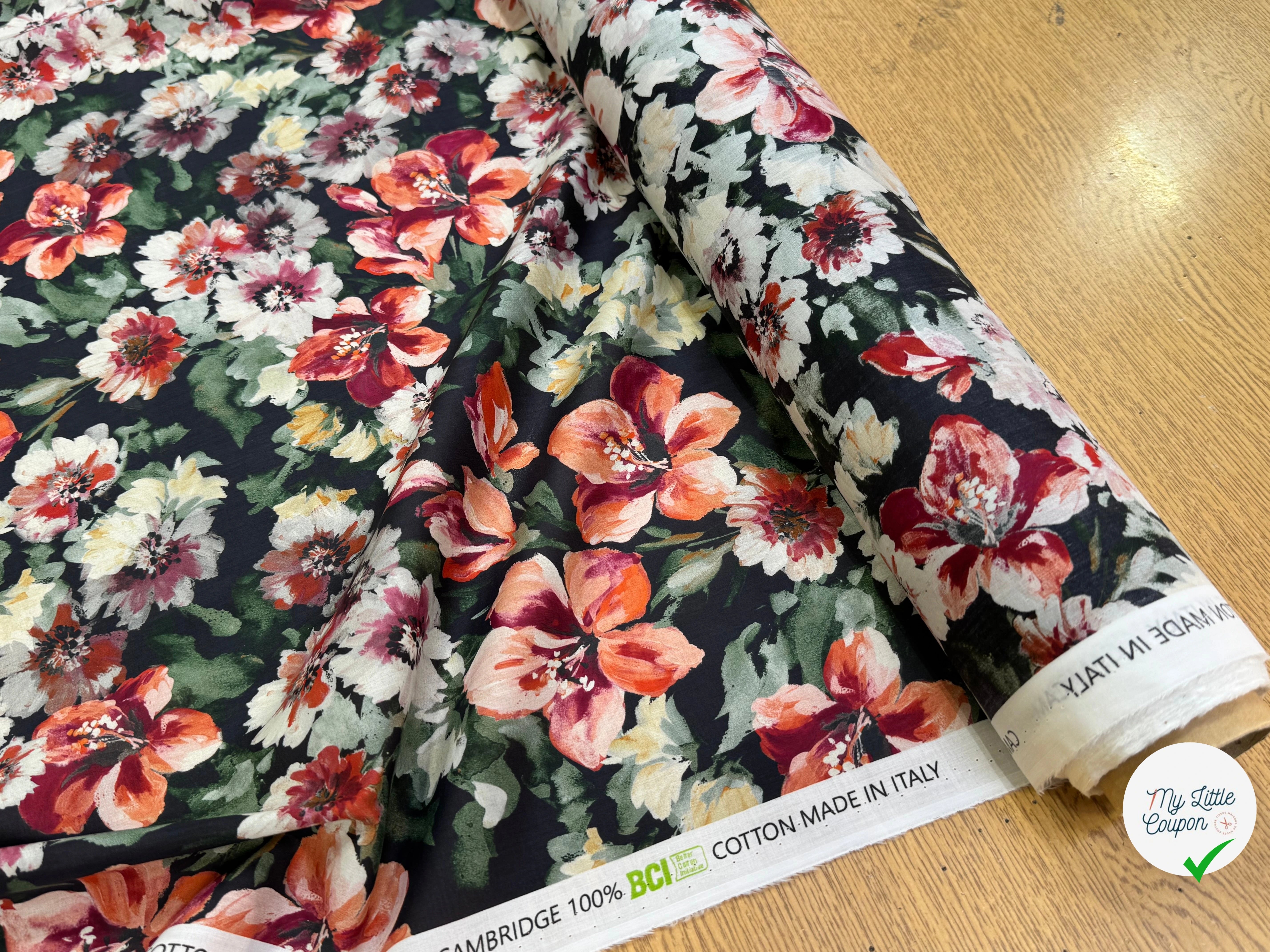 SATIN VOILE DE COTON ÉMERISE PREMIUM FOND NOIR DOUX MADE IN ITALY - My Little Coupon