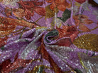 SEQUIN FOND ROSE MOTIFS FLEURS JAUNE ORANGE ET VERT - My Little Coupon