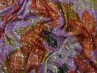 SEQUIN FOND ROSE MOTIFS FLEURS JAUNE ORANGE ET VERT - My Little Coupon