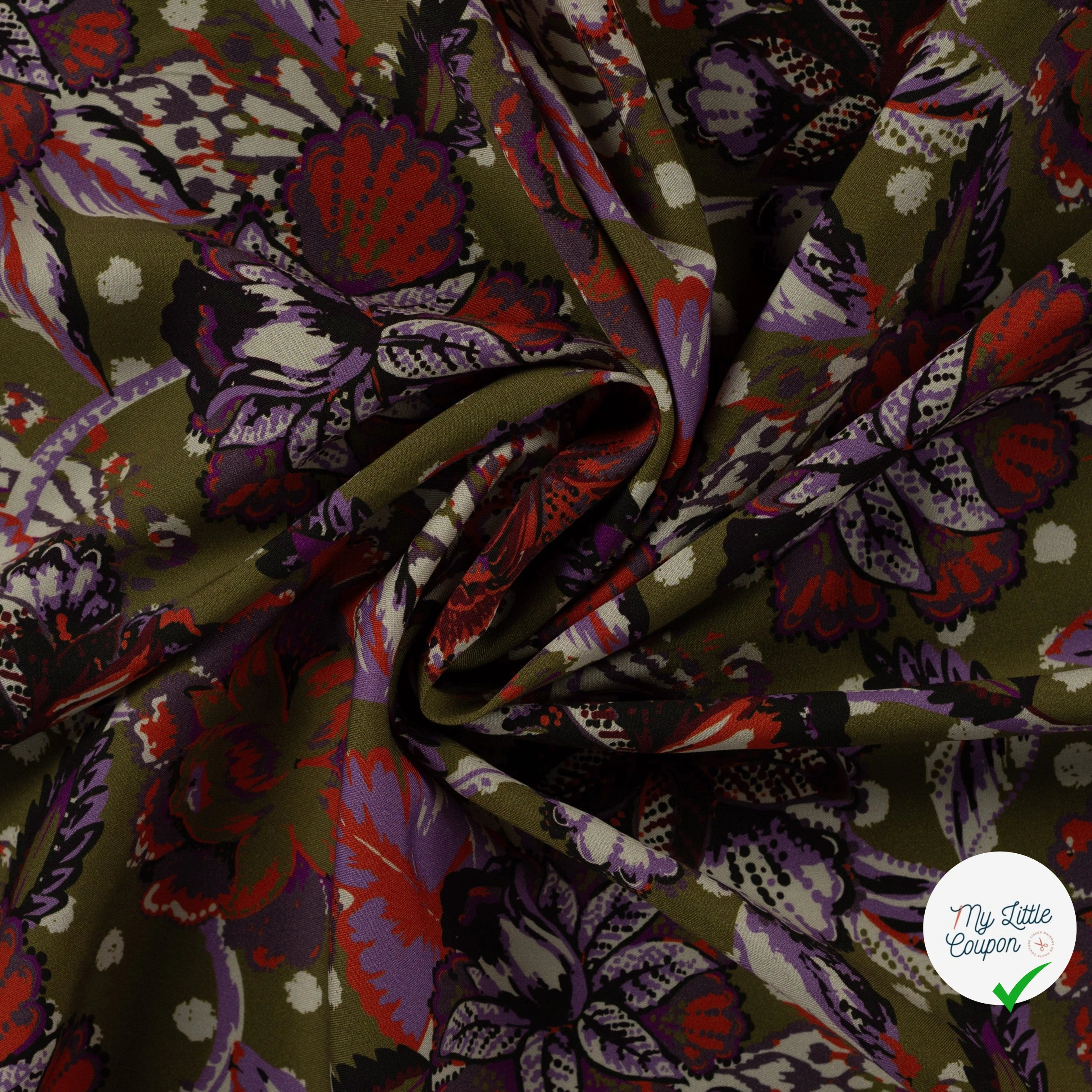 Sergé de viscose EcoVero cachemire fleuri kaki - drapé