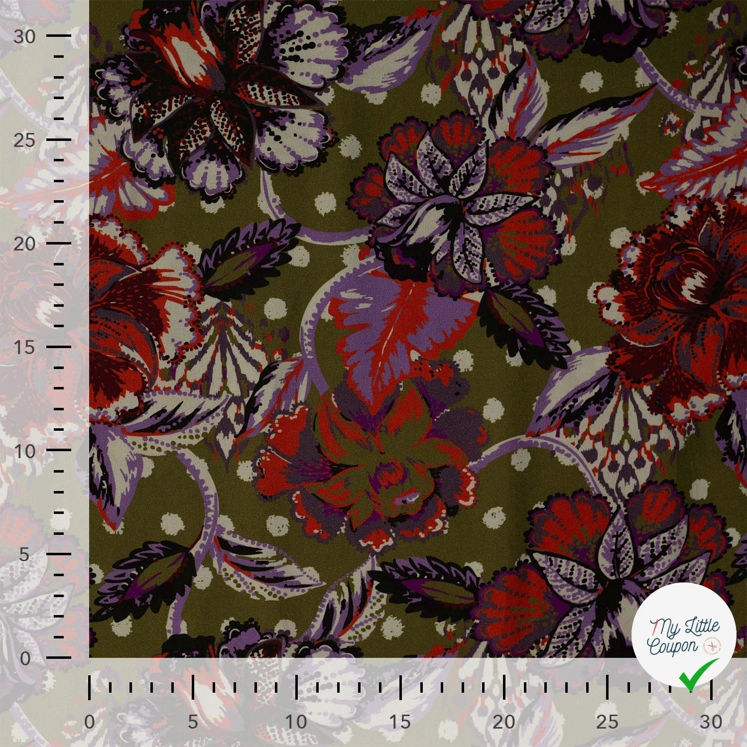 Sergé de viscose EcoVero cachemire fleuri kaki - texture