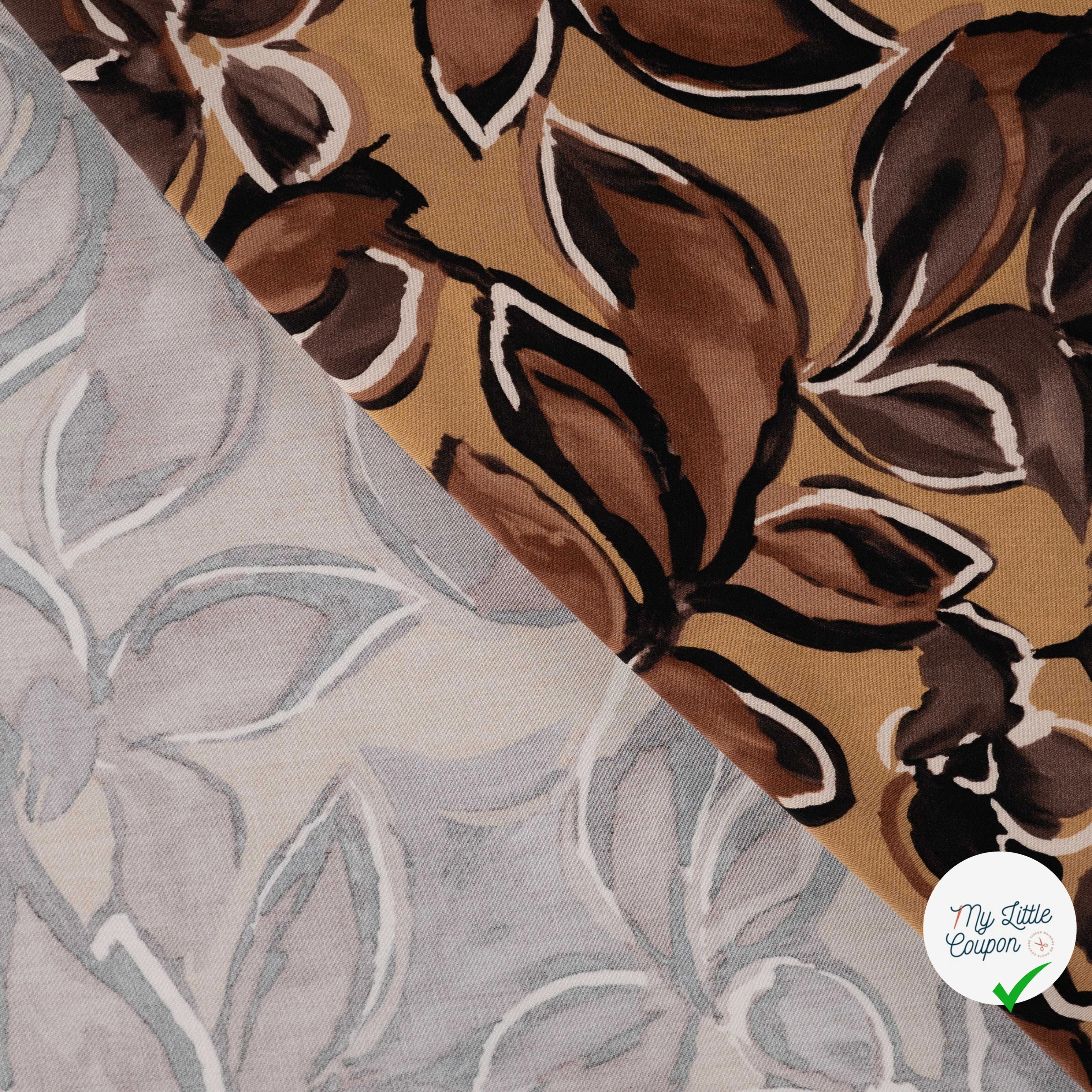Sergé de viscose imprimé feuilles taupe - détail du motif