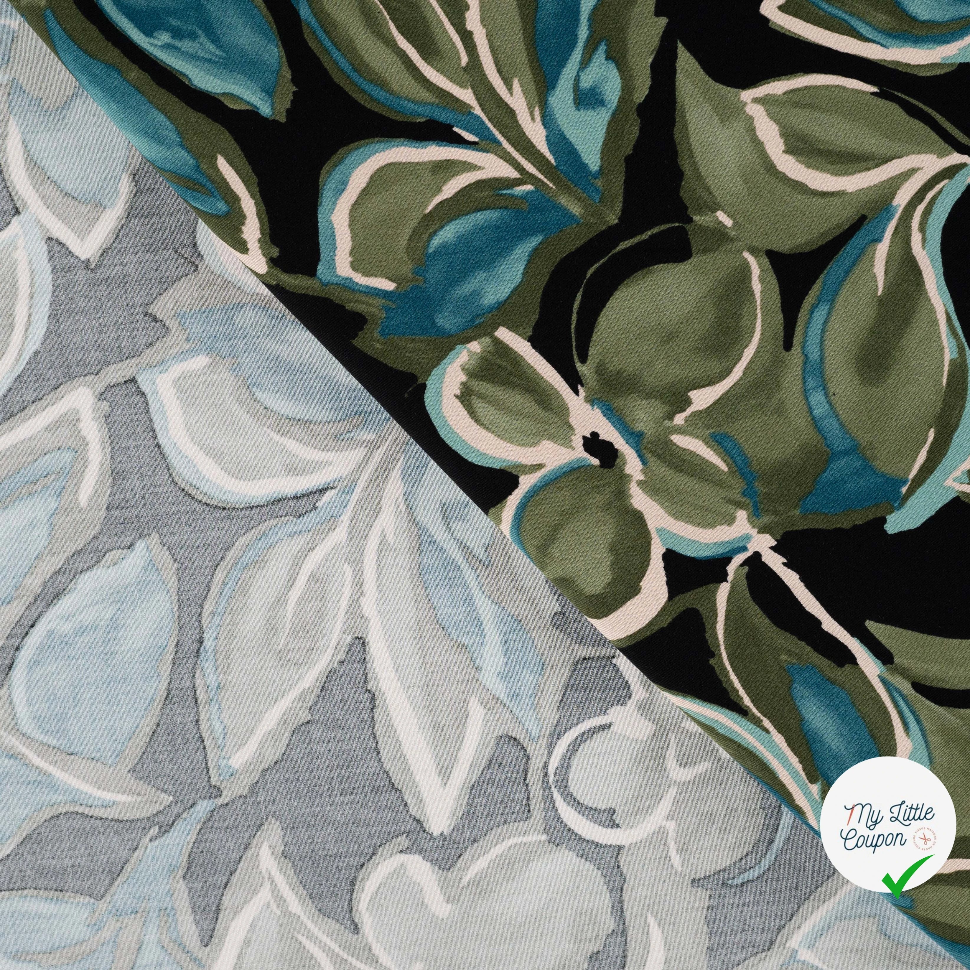 Sergé de viscose imprimé feuilles turquoise - détail du motif