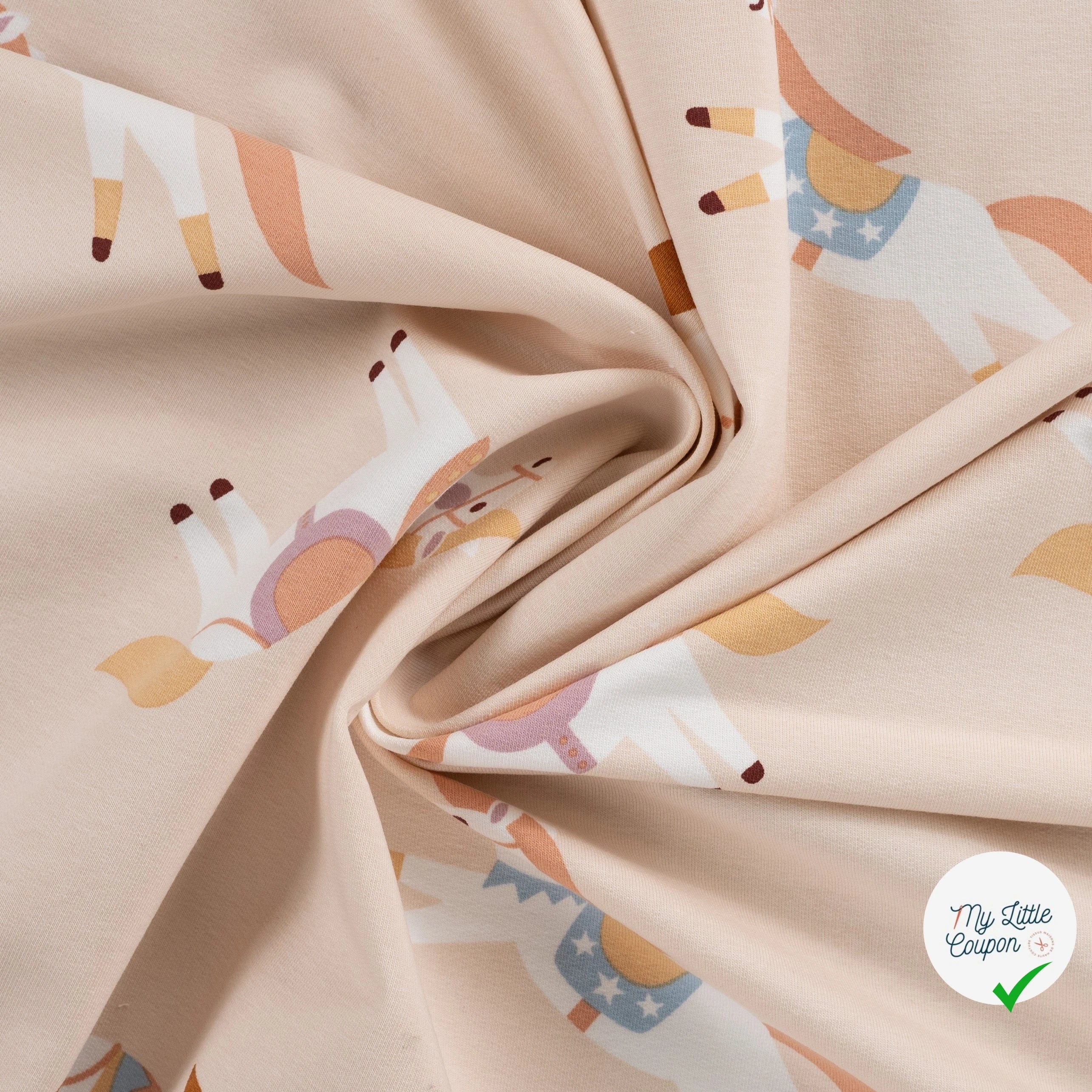 SWEAT FRENCH TERRY IMPRIMÉ CHEVAUX FOND SABLE PLAGE - My Little Coupon