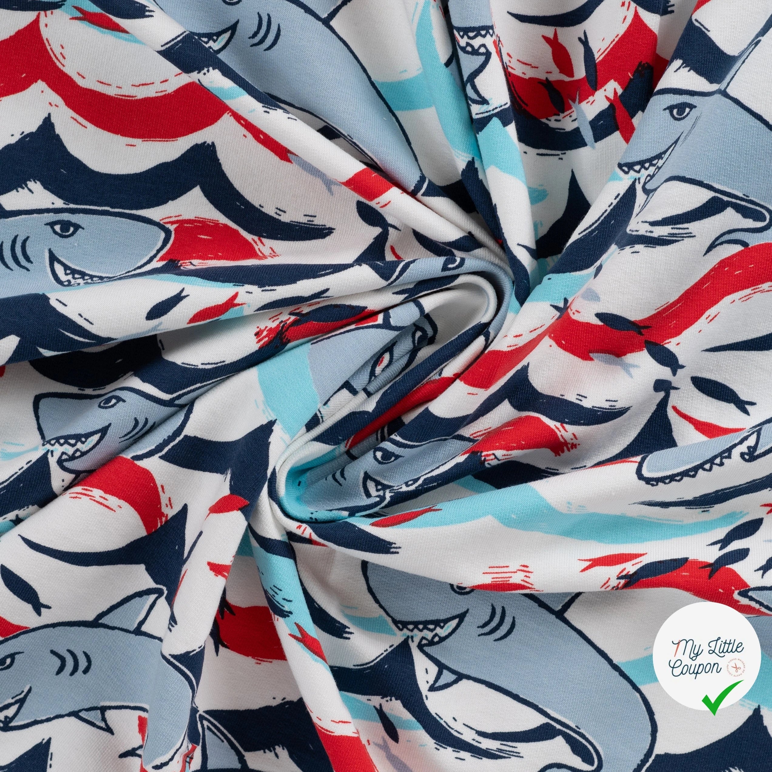 SWEAT FRENCH TERRY IMPRIMÉ REQUINS FOND ÉCRU - My Little Coupon