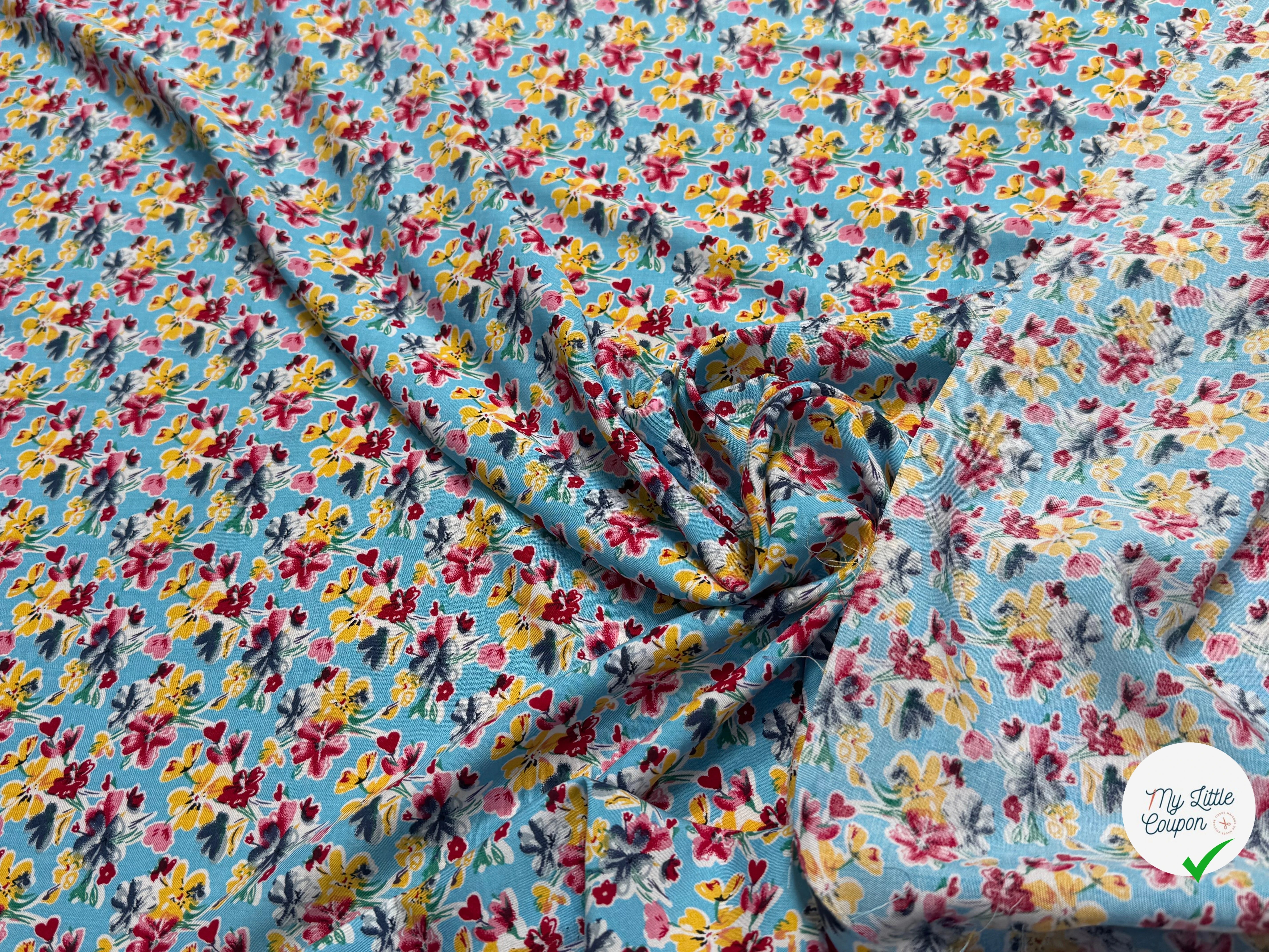 TISSU 100% VISCOSE FOND BLEU CIEL IMPRIMÉ BOUQUETS - My Little Coupon