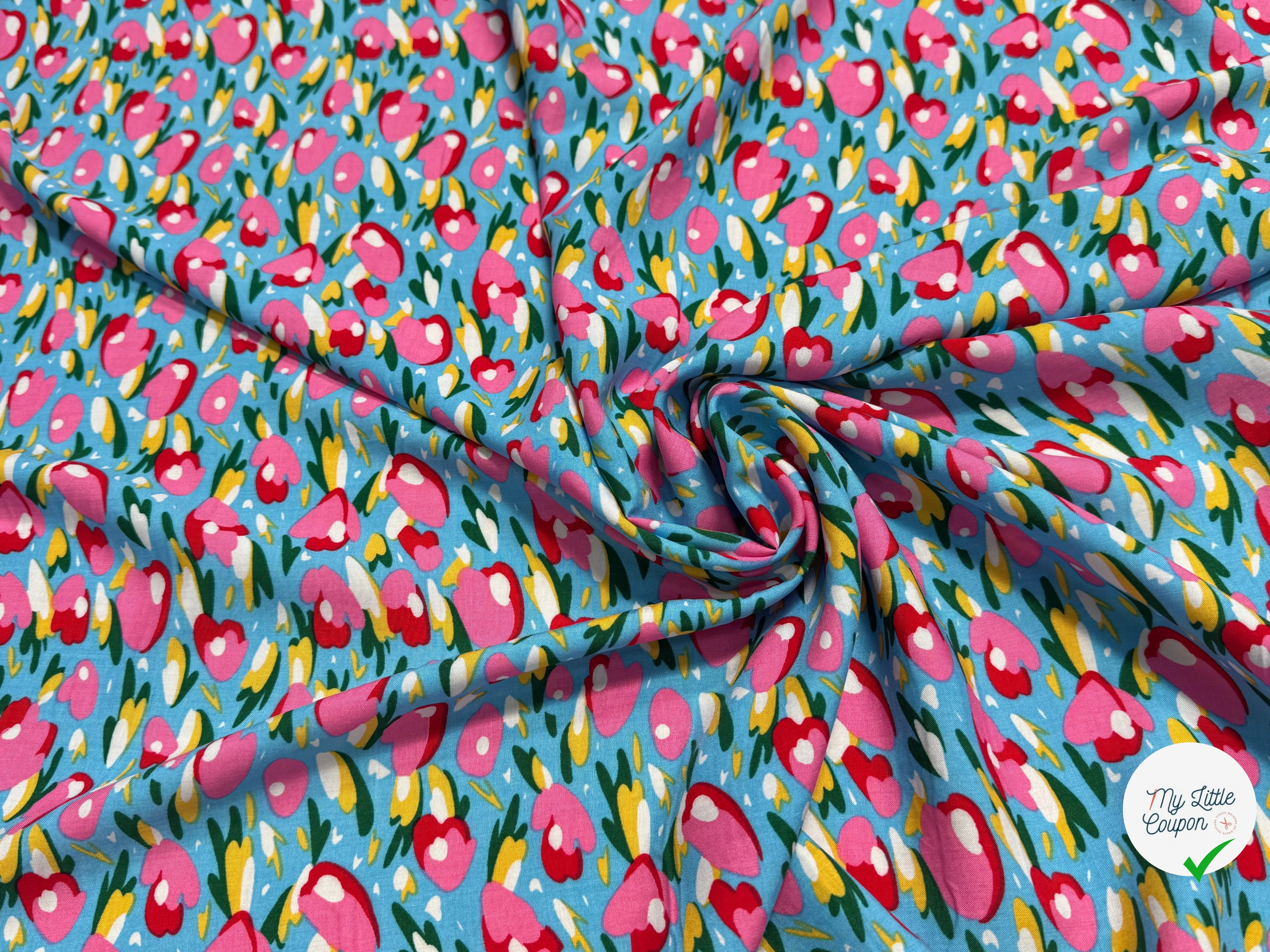 TISSU 100% VISCOSE FOND BONNIE BLUE IMPRIMÉ TULIP - My Little Coupon