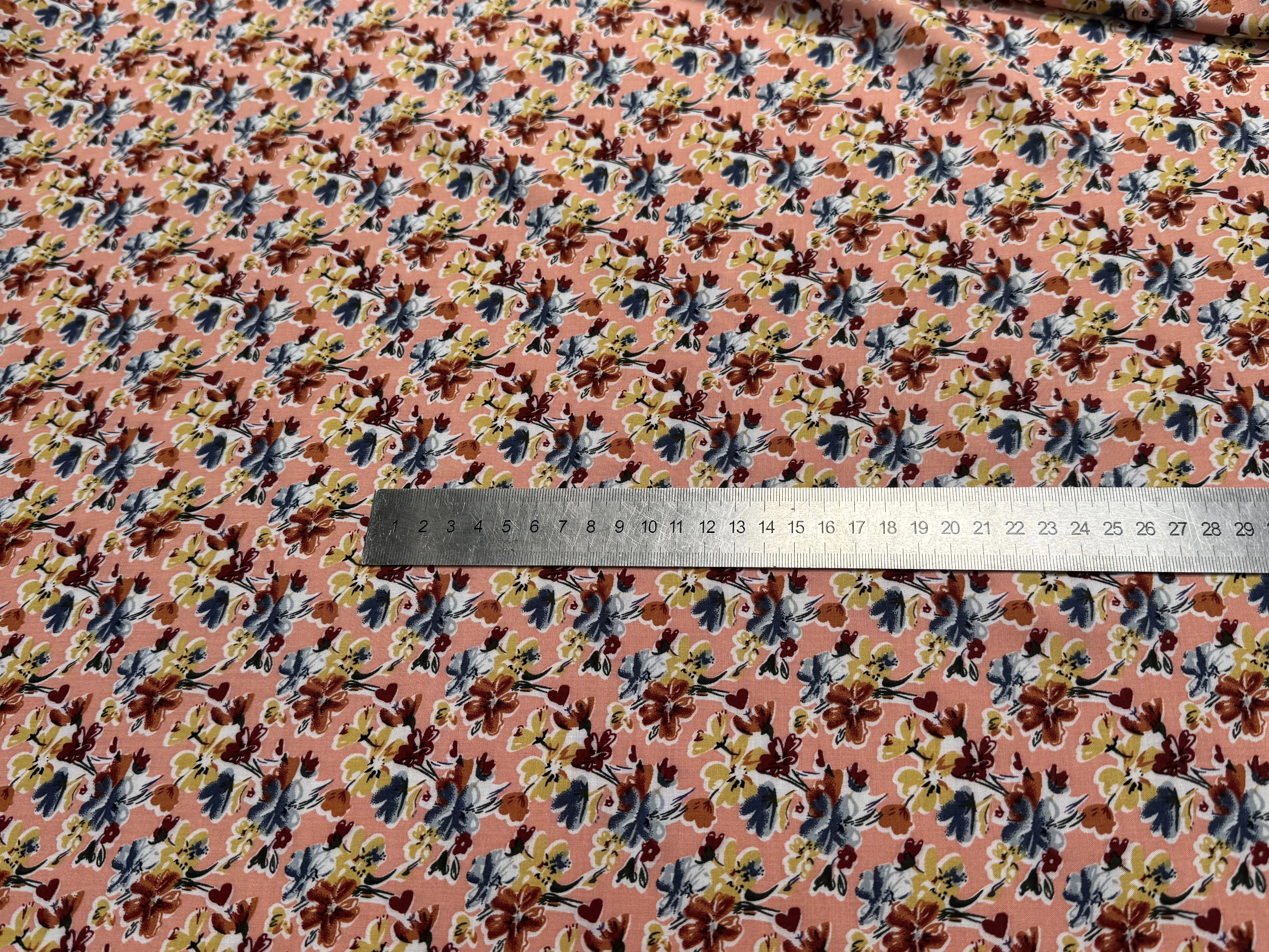 TISSU 100% VISCOSE FOND ORANGE PÊCHE IMPRIMÉ BOUQUETS - My Little Coupon