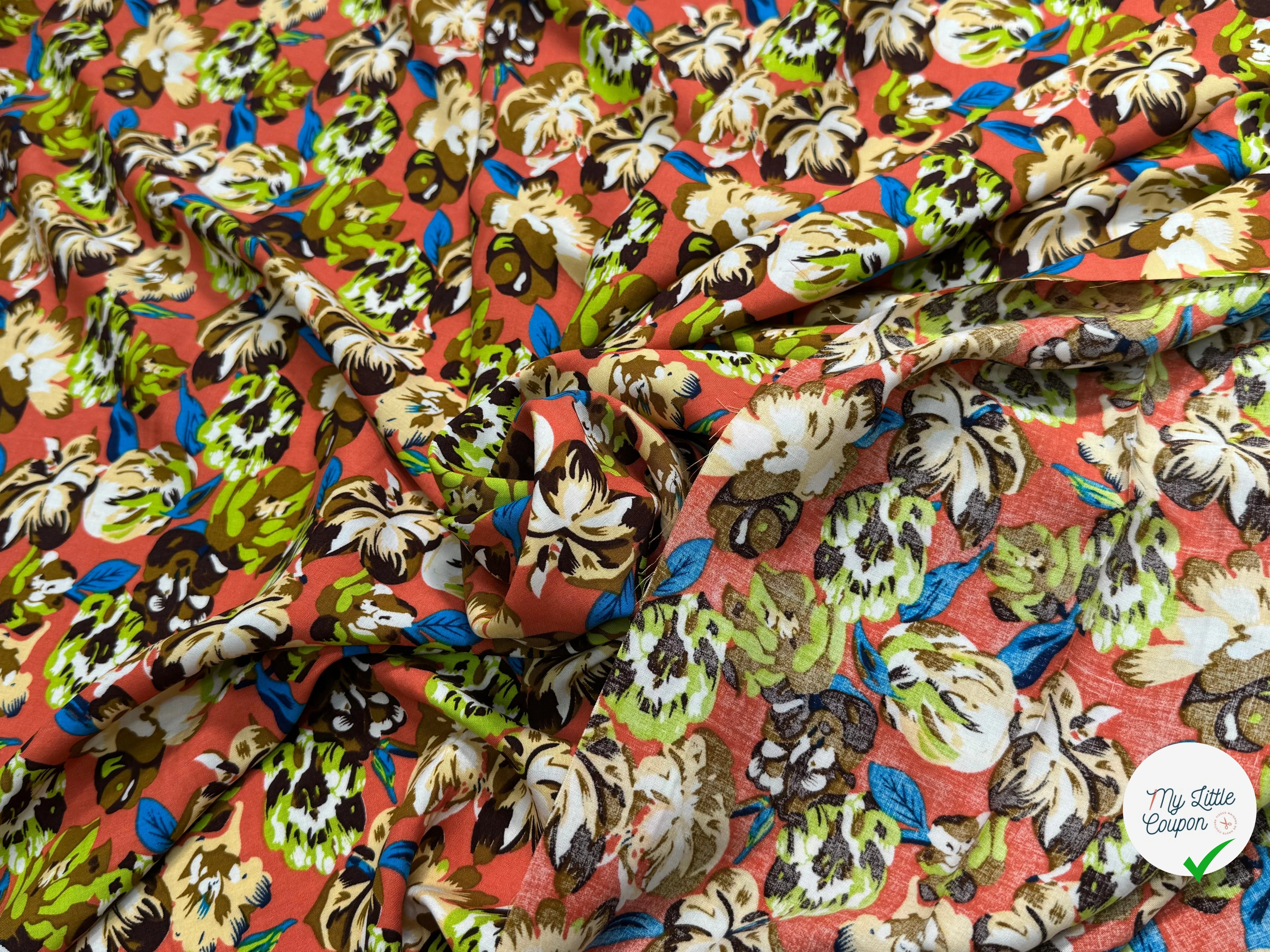 TISSU 100% VISCOSE IMPRIMÉ BASE DE FLEURS FOND CORAIL - My Little Coupon