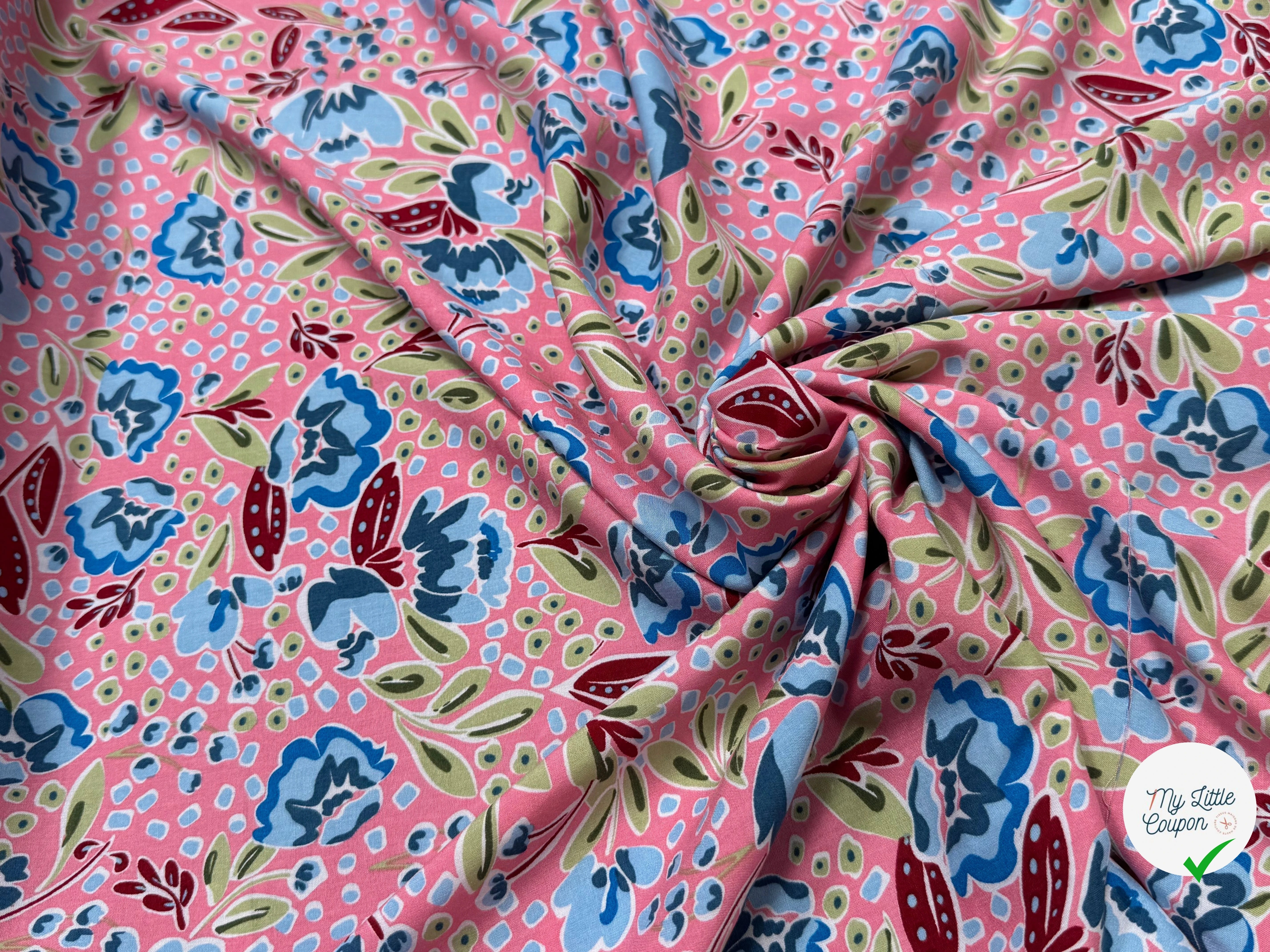 TISSU 100% VISCOSE IMPRIMÉ FEUILLAGES FOND ROSE - My Little Coupon