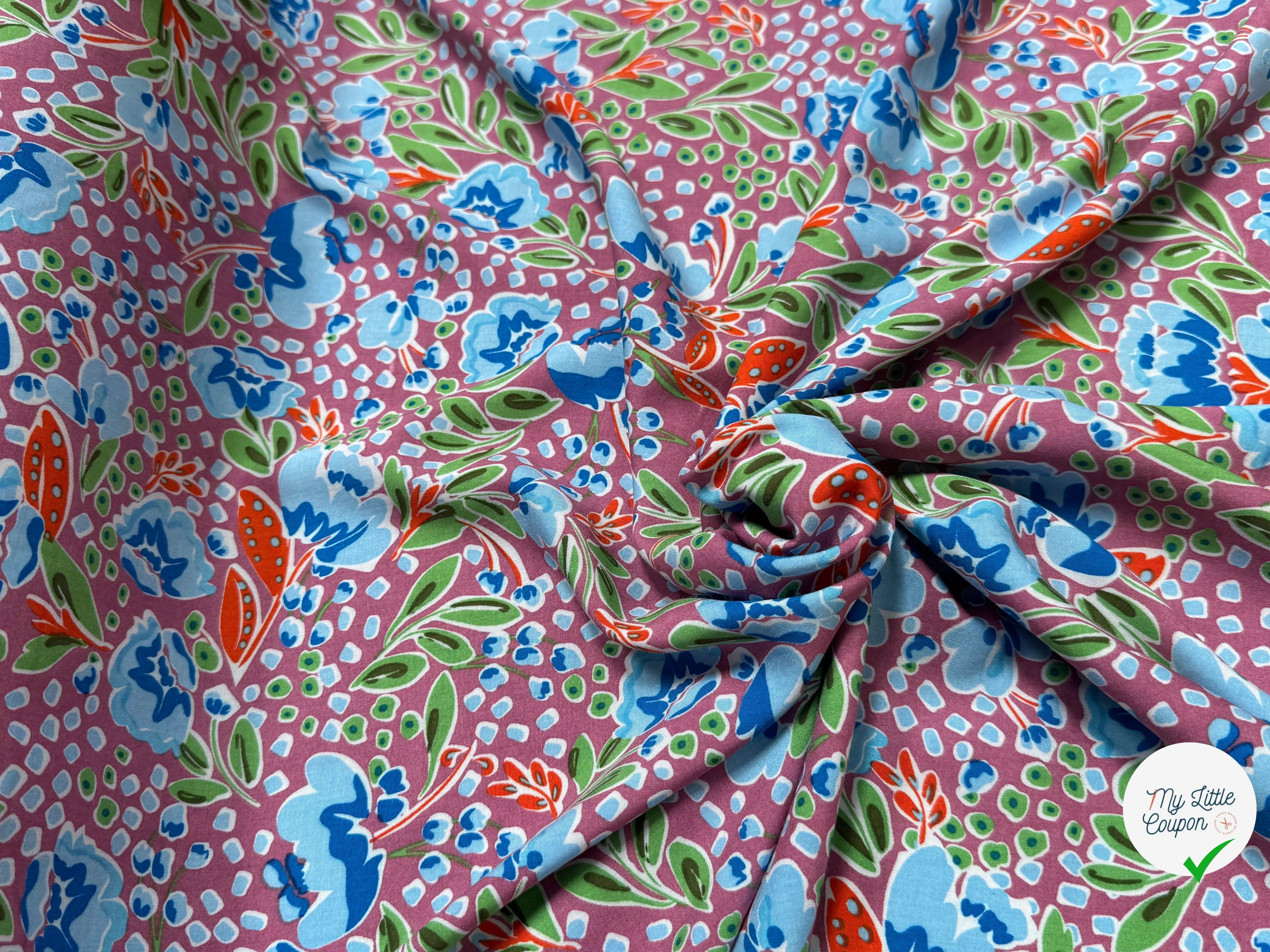 TISSU 100% VISCOSE IMPRIMÉ FEUILLAGES FOND VIEUX ROSE - My Little Coupon