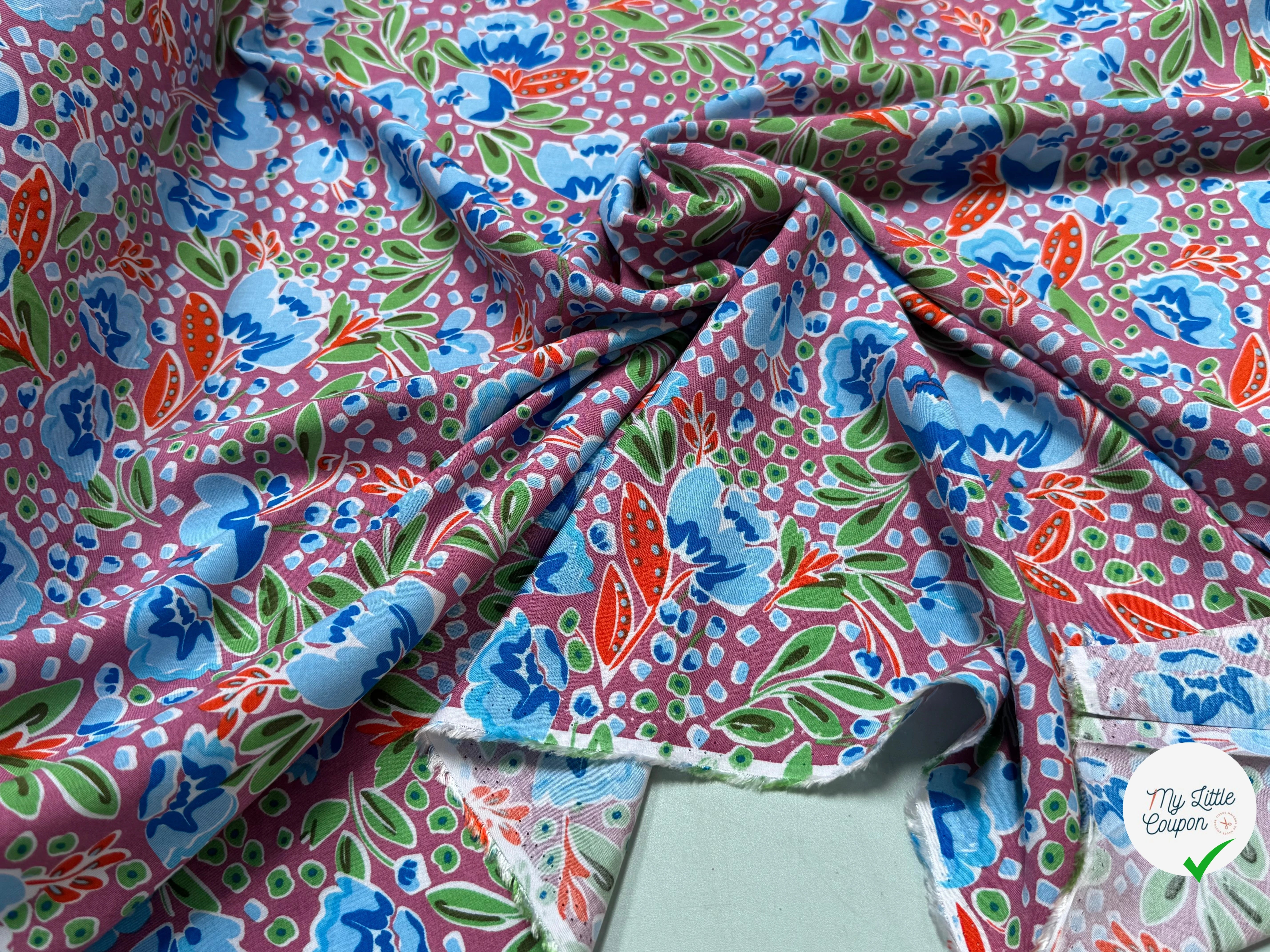 TISSU 100% VISCOSE IMPRIMÉ FEUILLAGES FOND VIEUX ROSE - My Little Coupon