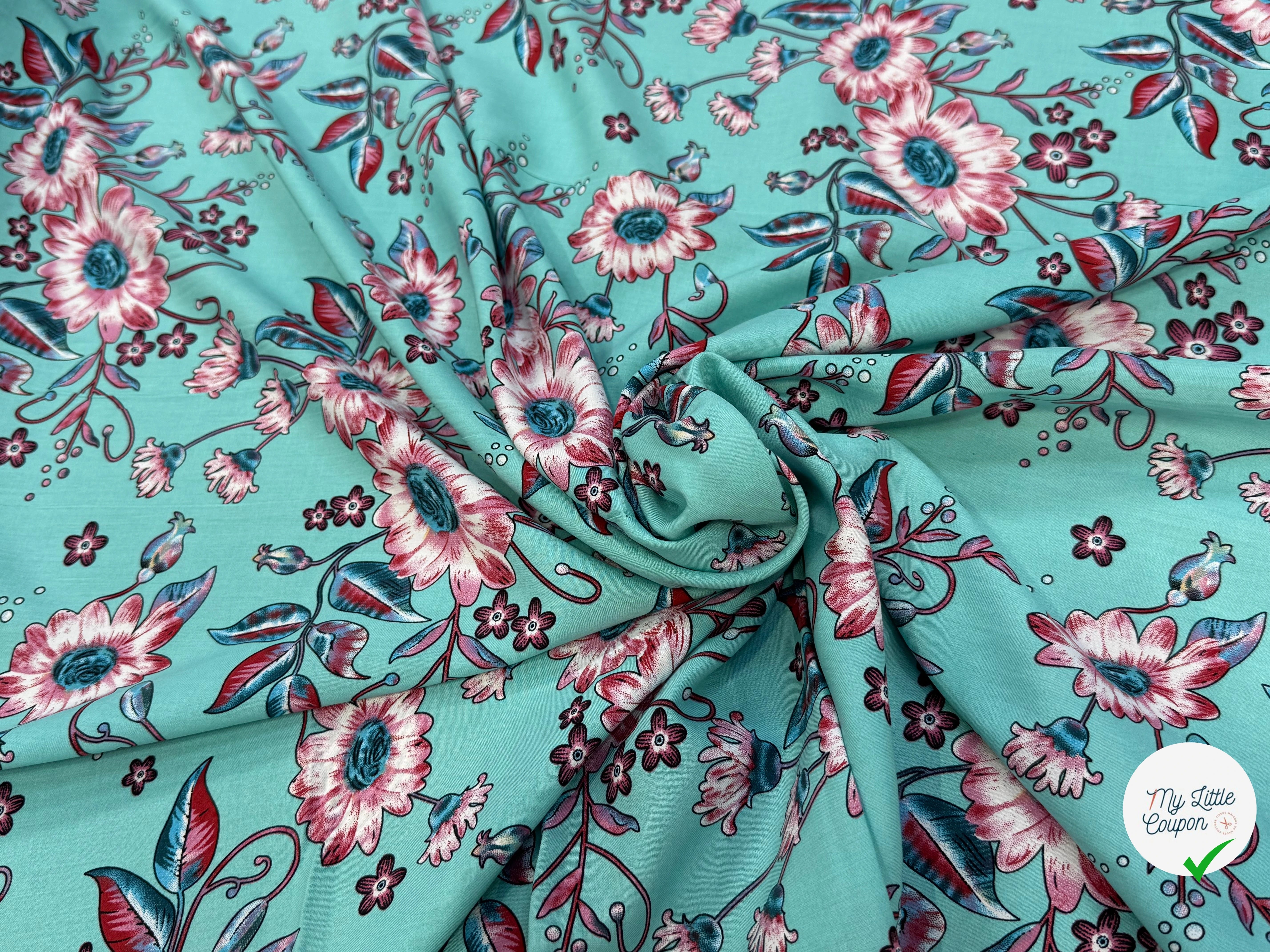 TISSU 100% VISCOSE IMPRIMÉ FOND AQUA - My Little Coupon