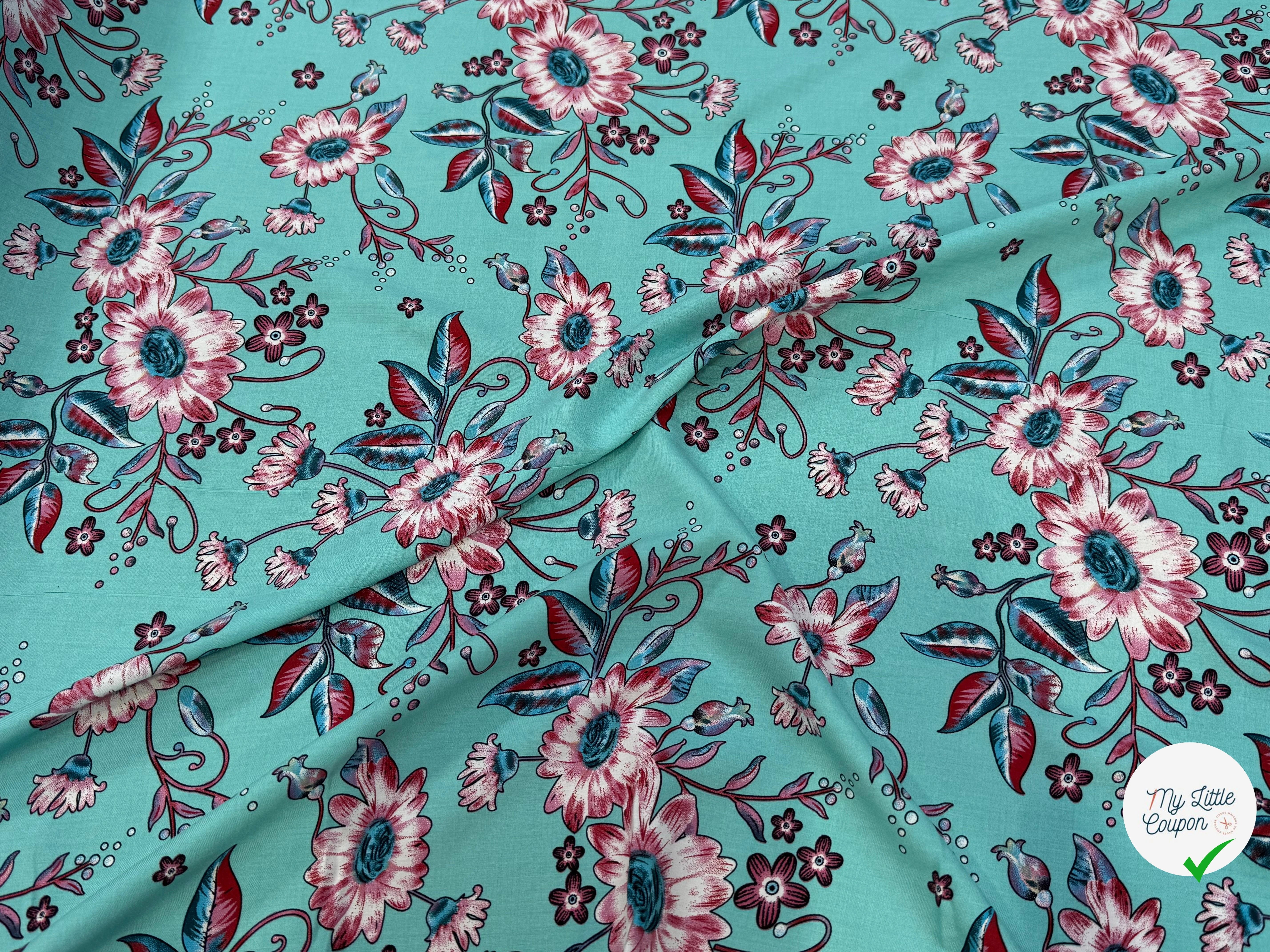TISSU 100% VISCOSE IMPRIMÉ FOND AQUA - My Little Coupon