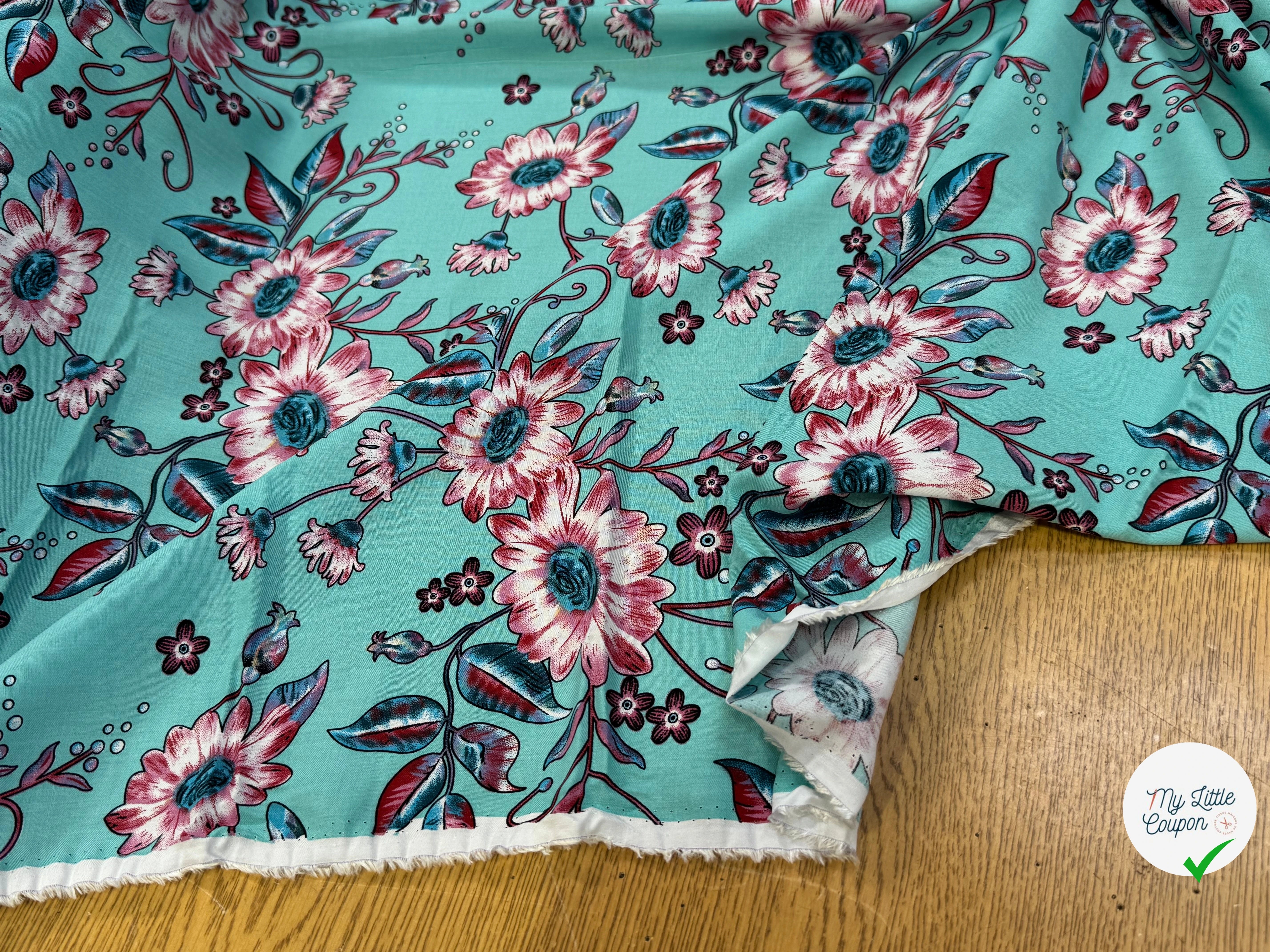 TISSU 100% VISCOSE IMPRIMÉ FOND AQUA - My Little Coupon