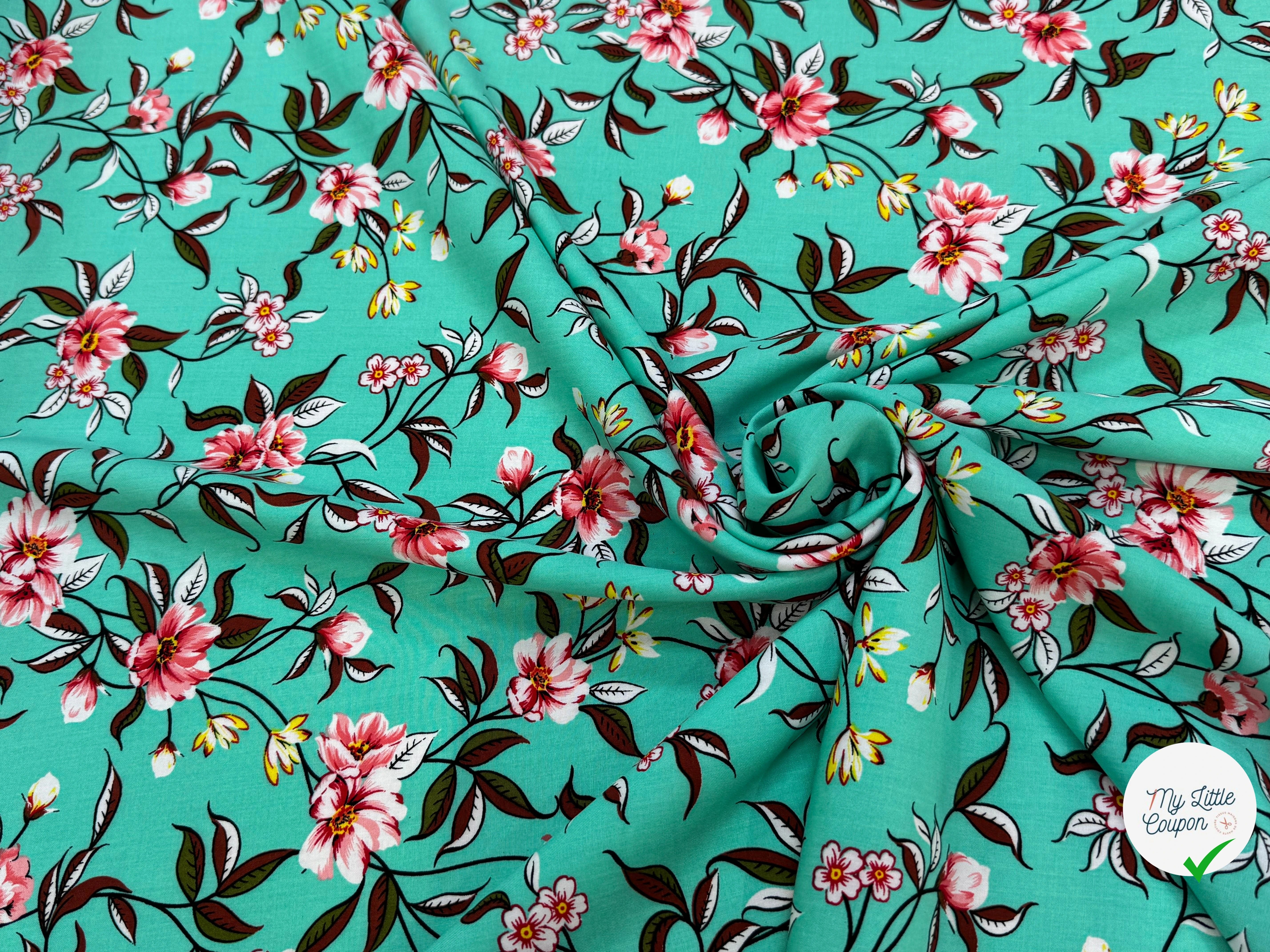 TISSU 100% VISCOSE IMPRIMÉ FOND LAGOON - My Little Coupon