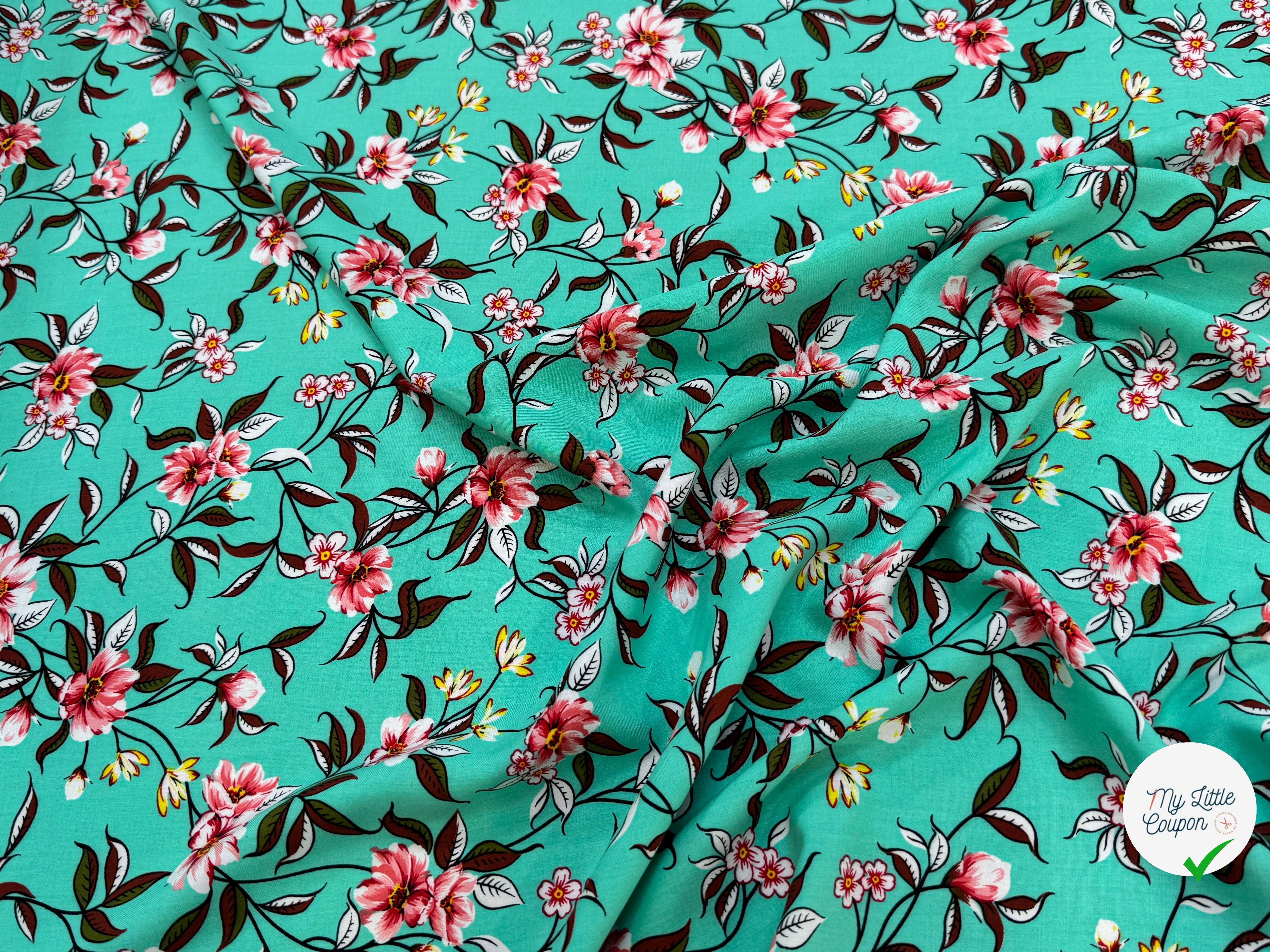 TISSU 100% VISCOSE IMPRIMÉ FOND LAGOON - My Little Coupon