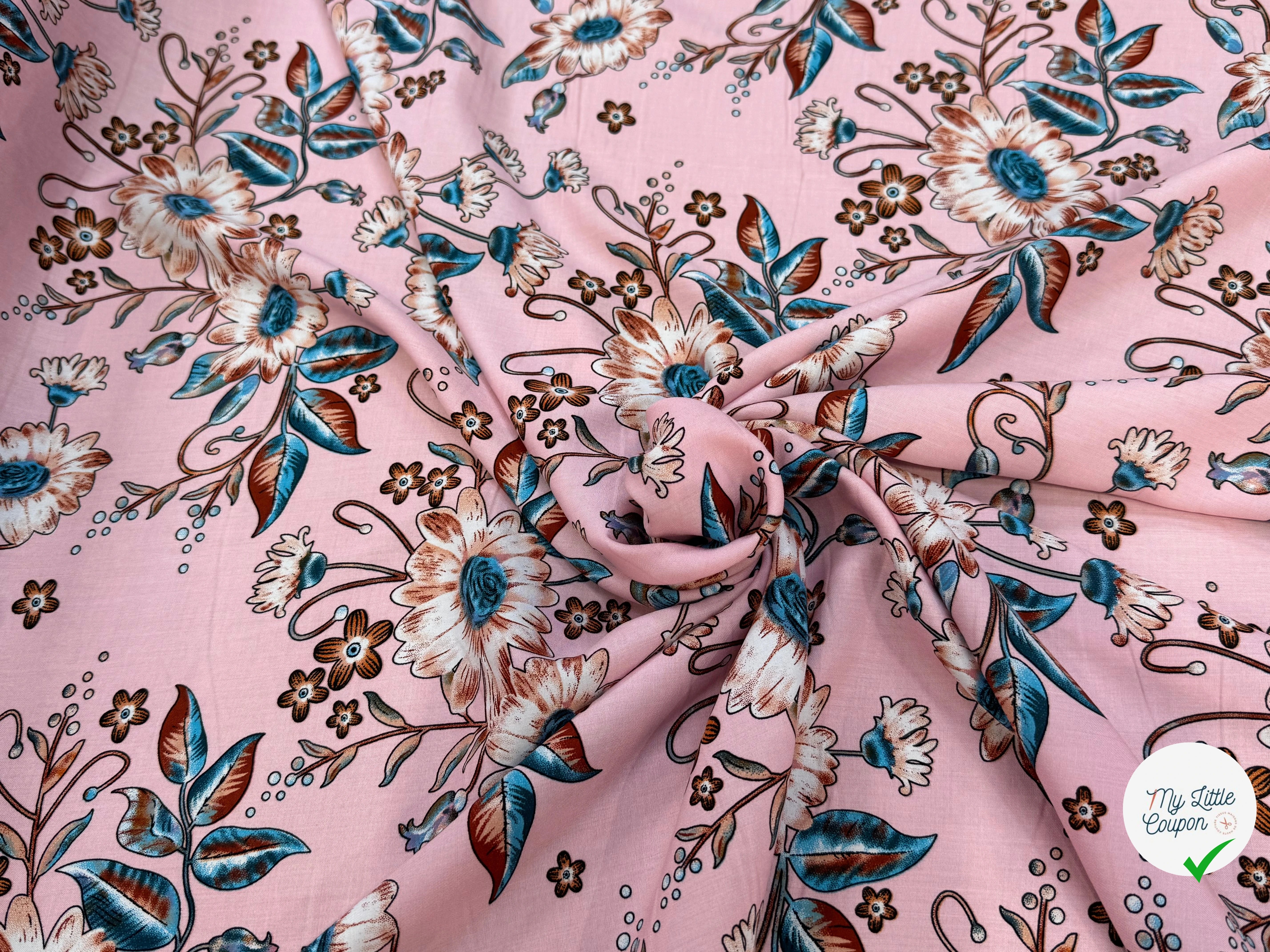 TISSU 100% VISCOSE IMPRIMÉ FOND ROSE - My Little Coupon