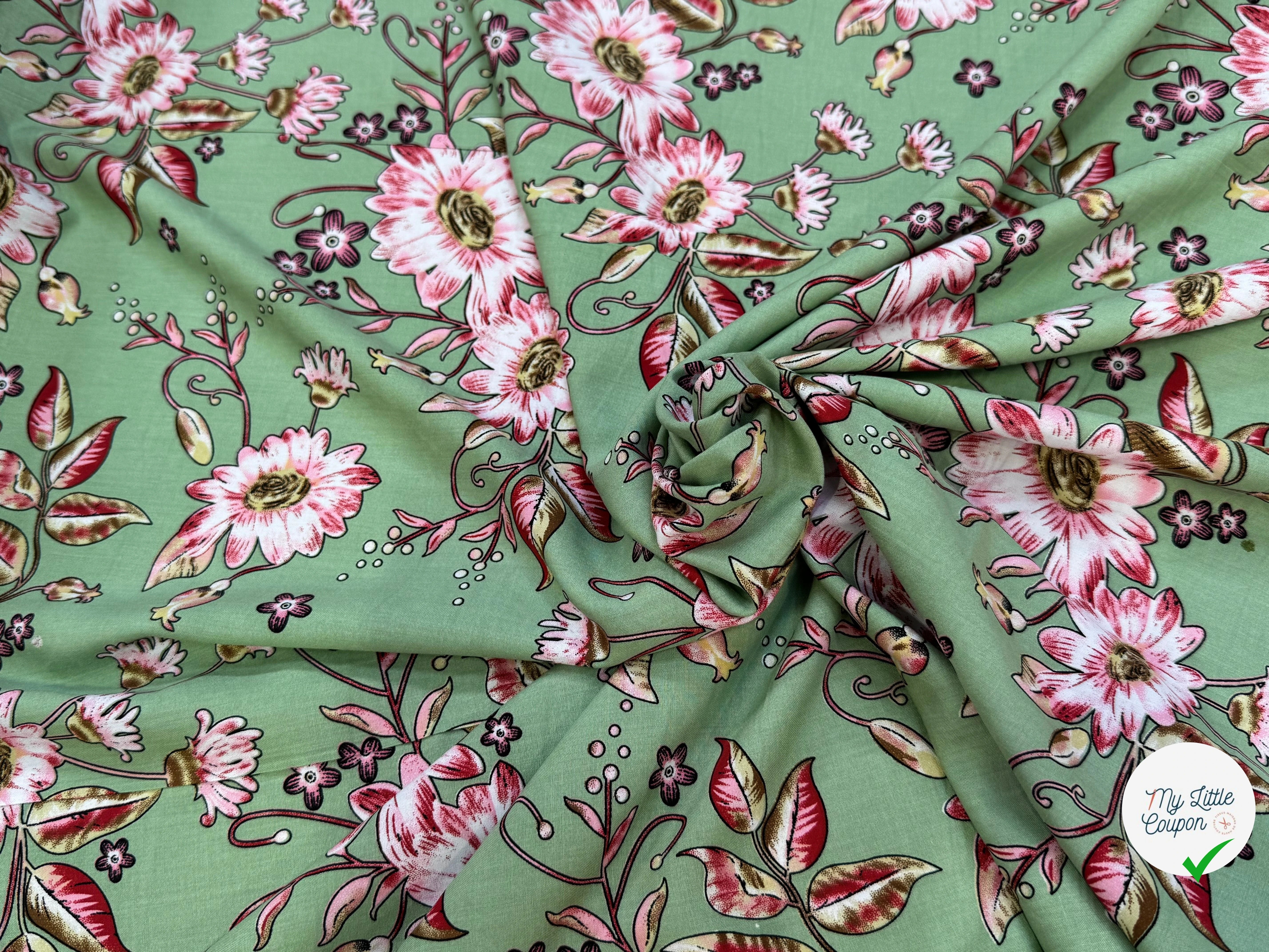 TISSU 100% VISCOSE IMPRIMÉ FOND VERT KAKI - My Little Coupon