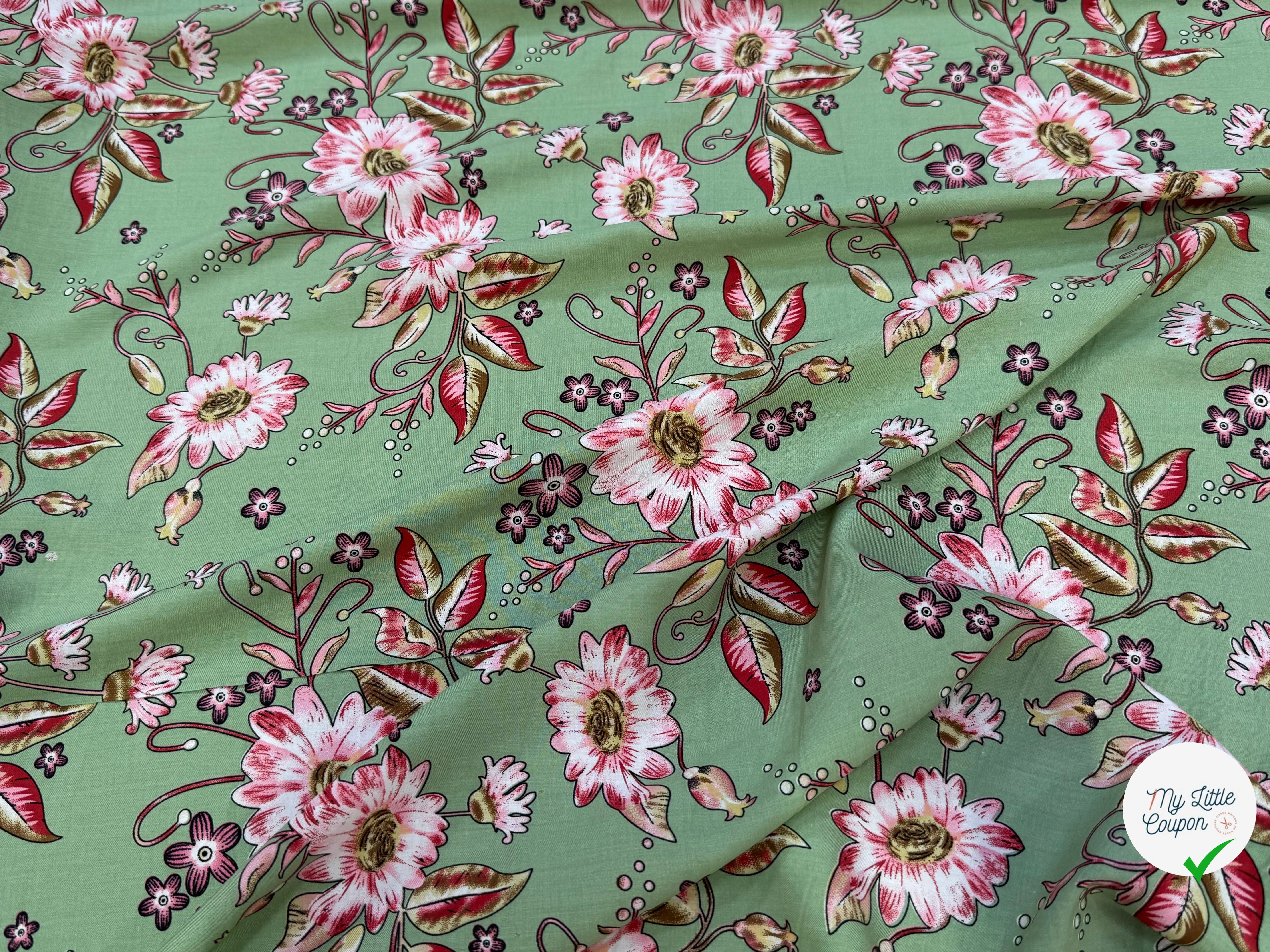 TISSU 100% VISCOSE IMPRIMÉ FOND VERT KAKI - My Little Coupon