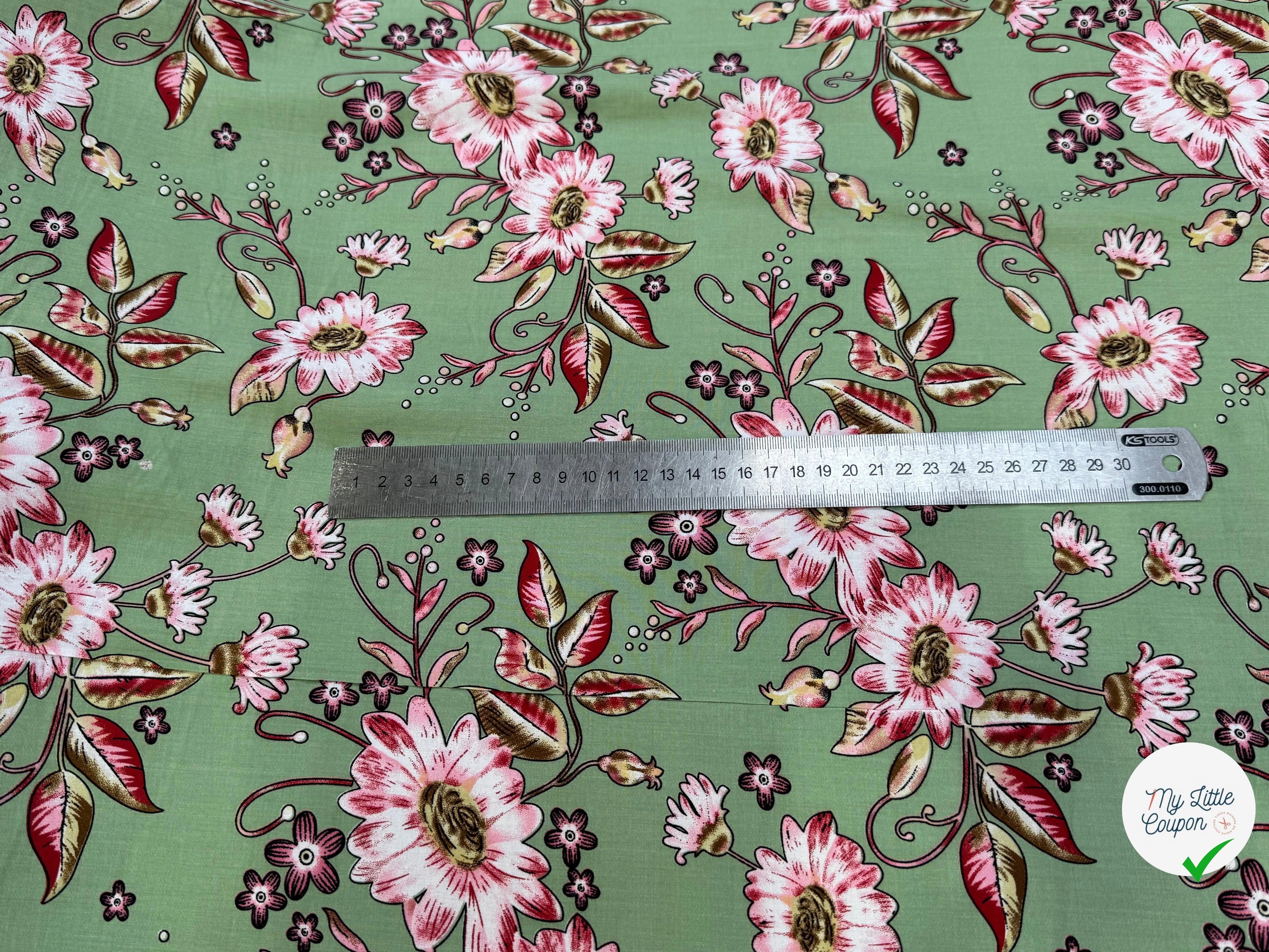 TISSU 100% VISCOSE IMPRIMÉ FOND VERT KAKI - My Little Coupon