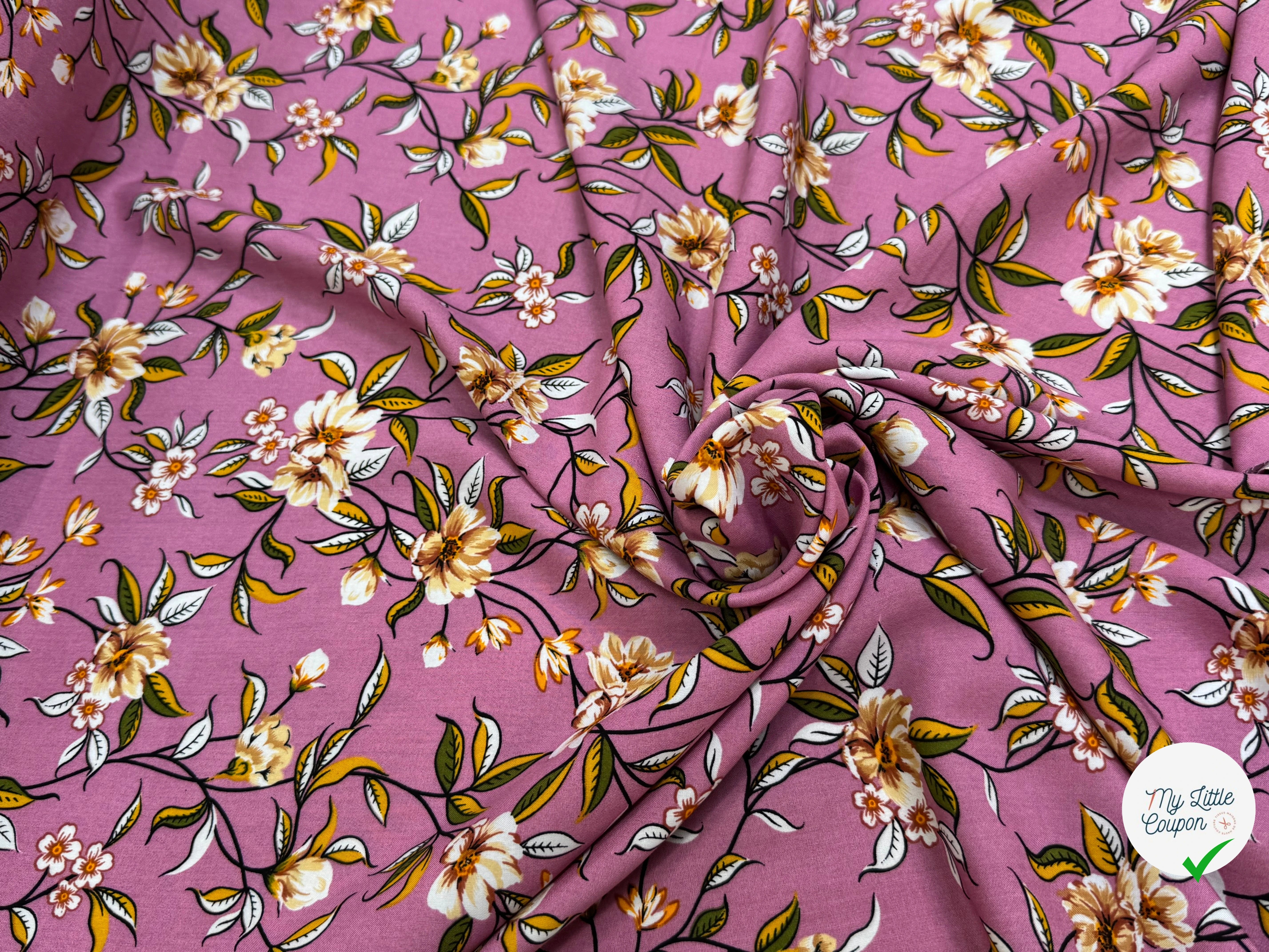 TISSU 100% VISCOSE IMPRIMÉ FOND VIEUX ROSE - My Little Coupon