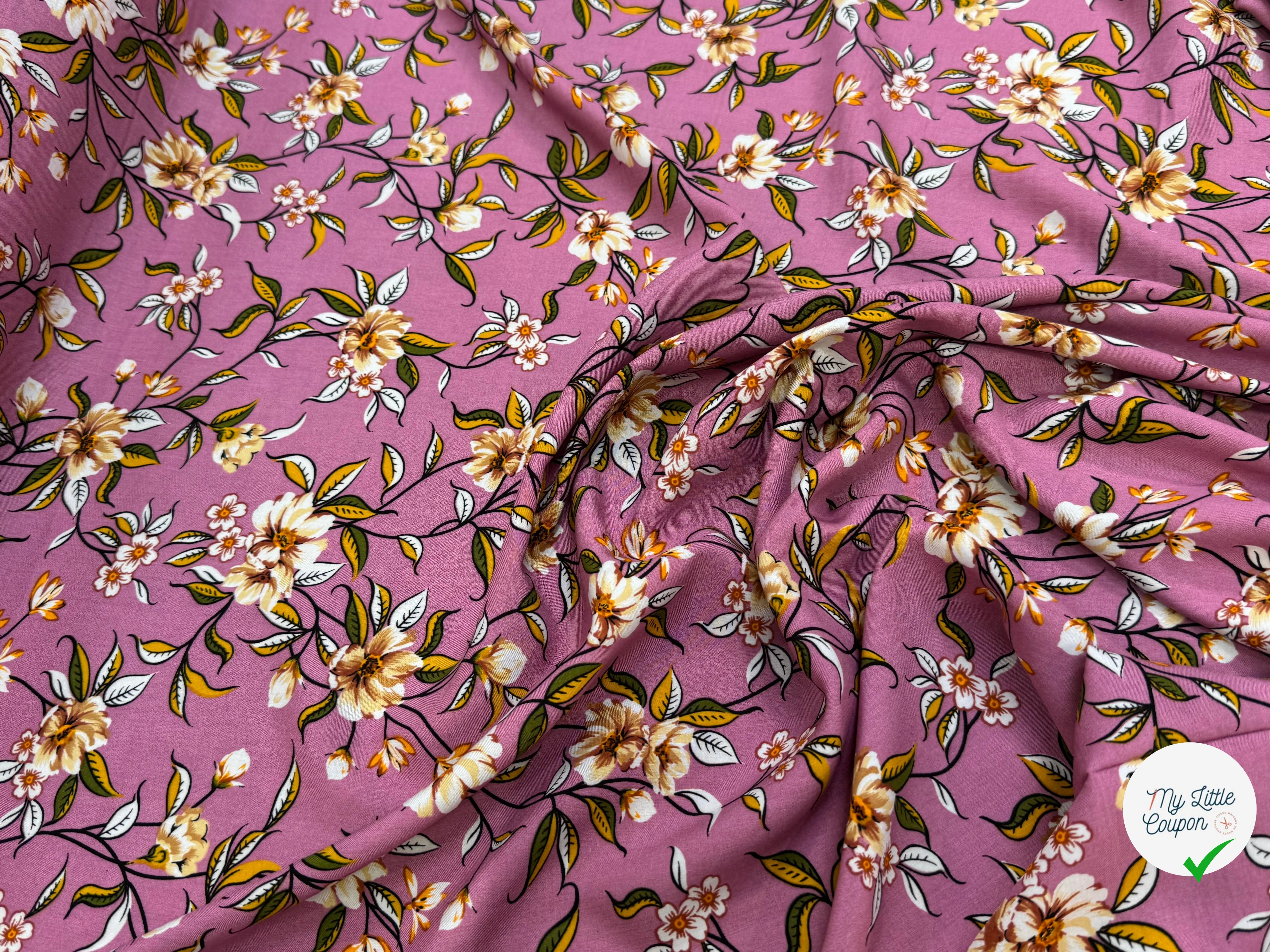 TISSU 100% VISCOSE IMPRIMÉ FOND VIEUX ROSE - My Little Coupon