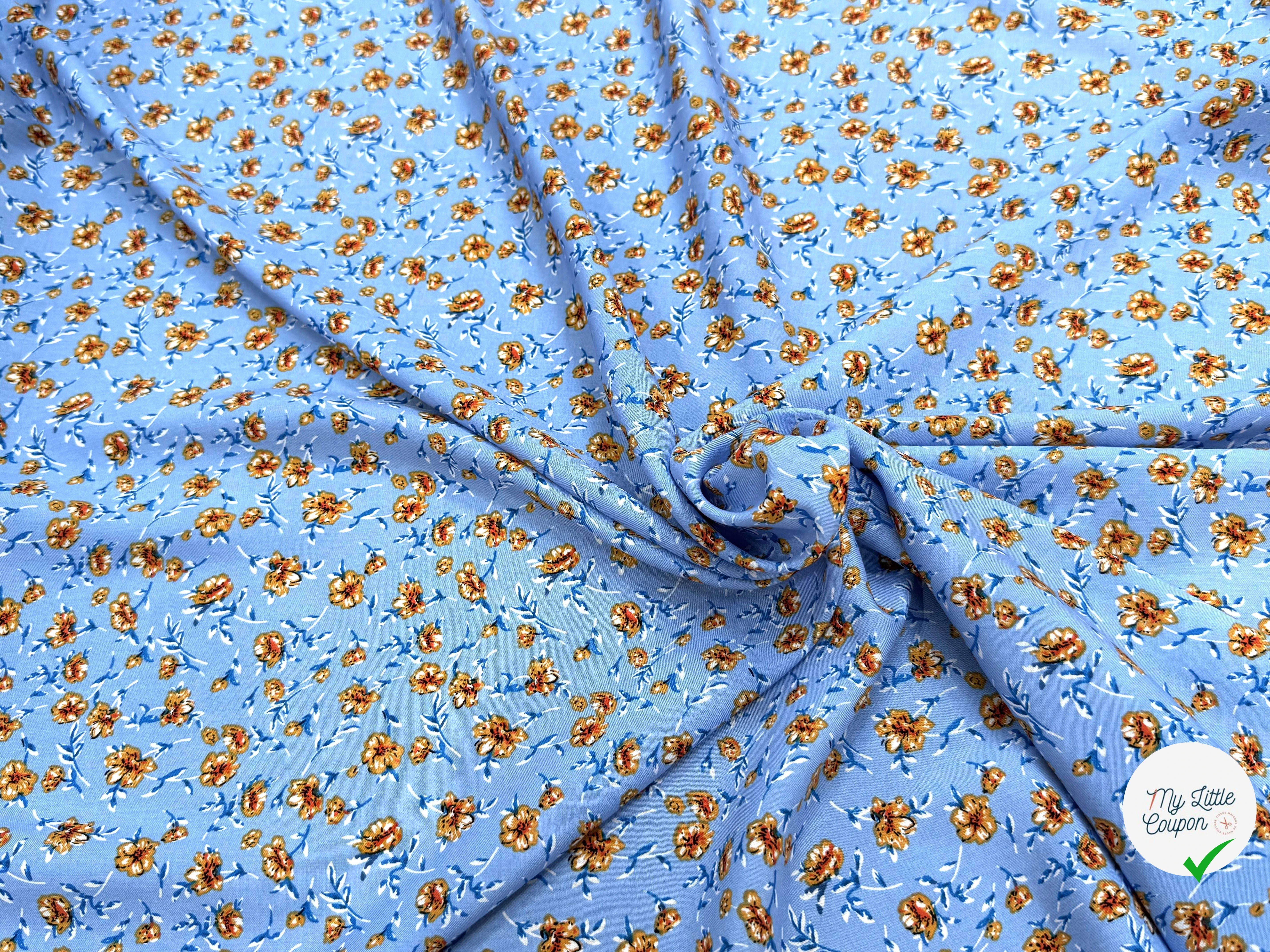 TISSU 100% VISCOSE IMPRIMÉ MINI FLEURS FOND BLEU CIEL - My Little Coupon
