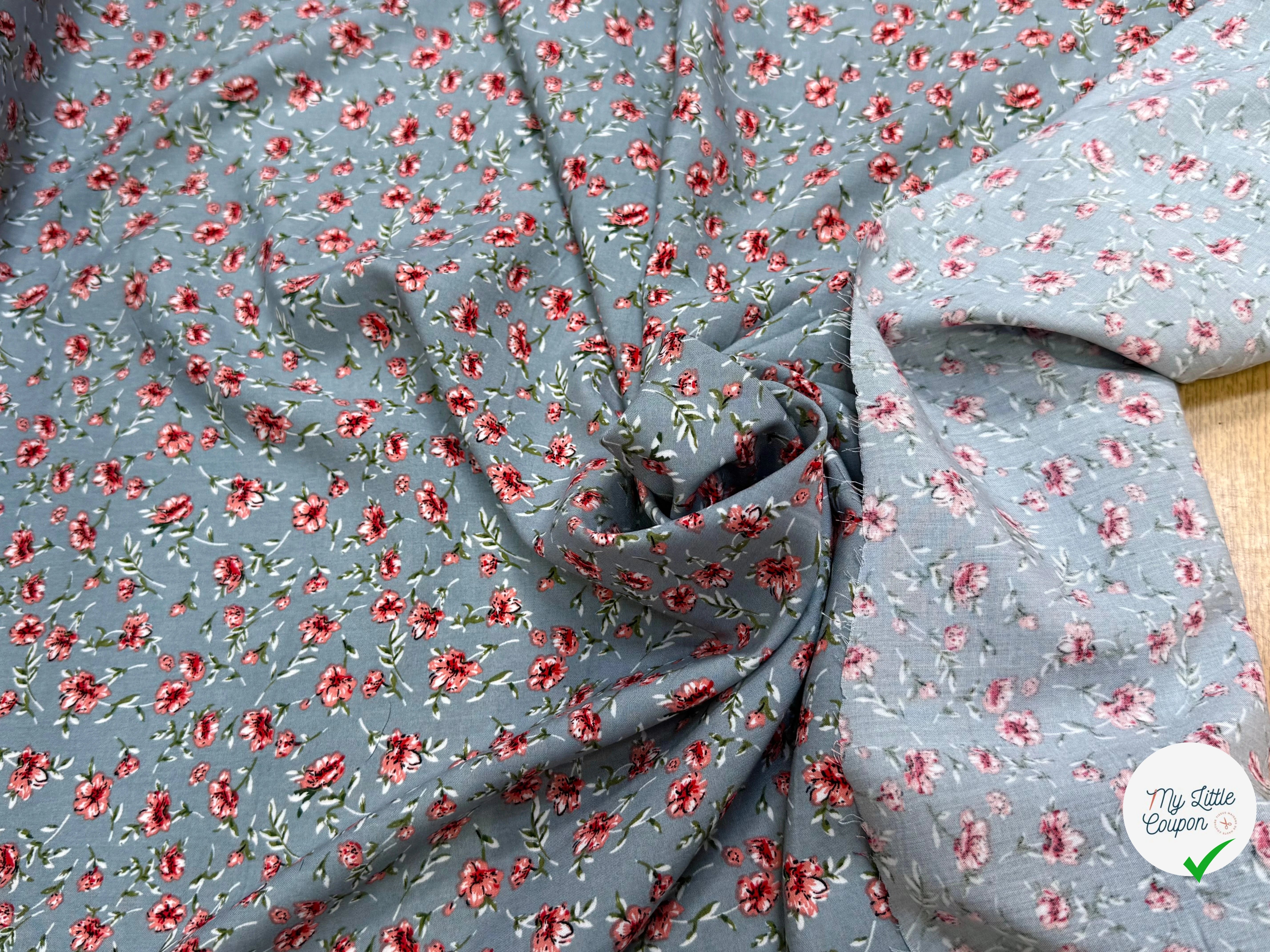 TISSU 100% VISCOSE IMPRIMÉ MINI FLEURS FOND GRIS - My Little Coupon