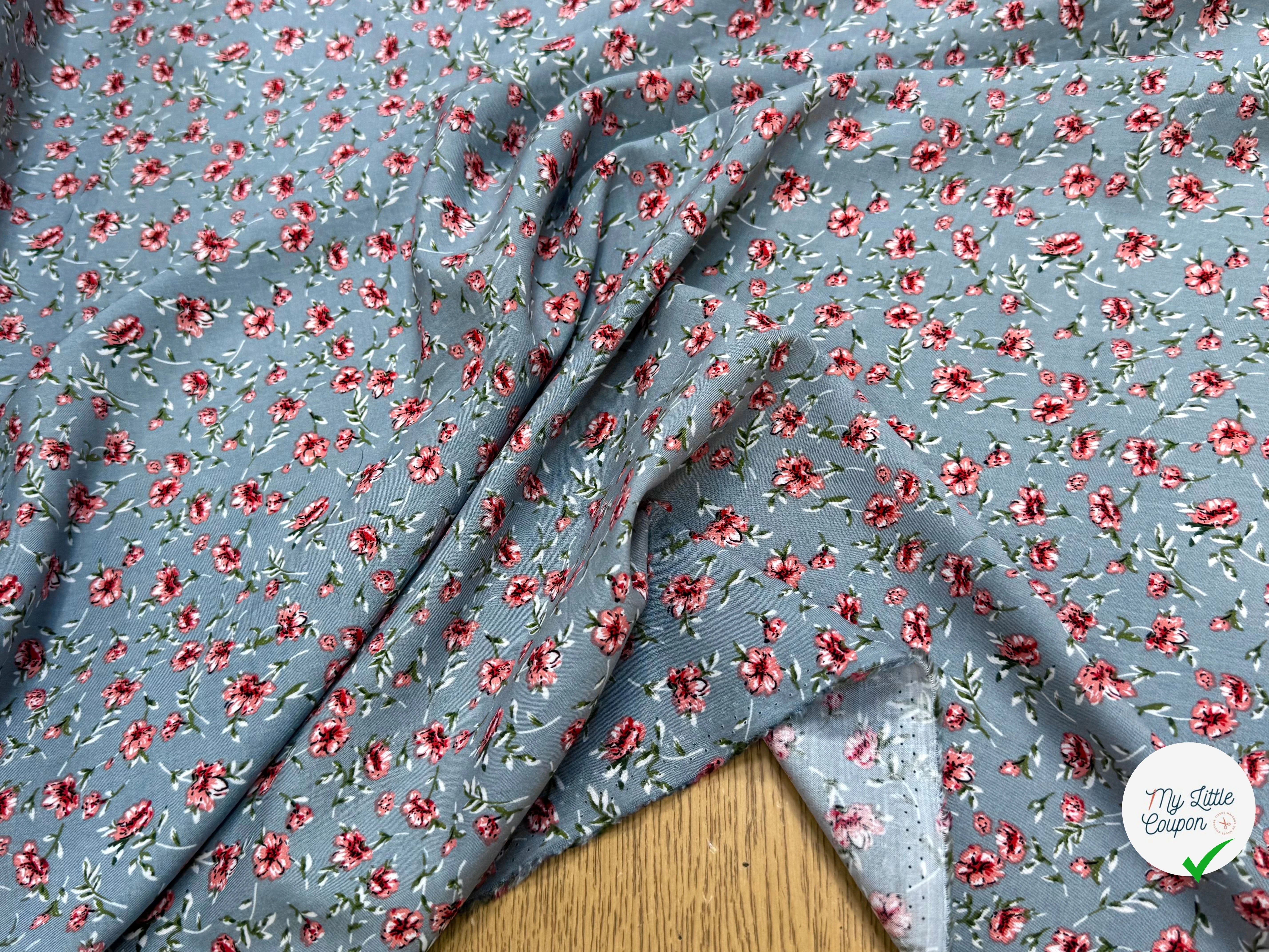 TISSU 100% VISCOSE IMPRIMÉ MINI FLEURS FOND GRIS - My Little Coupon