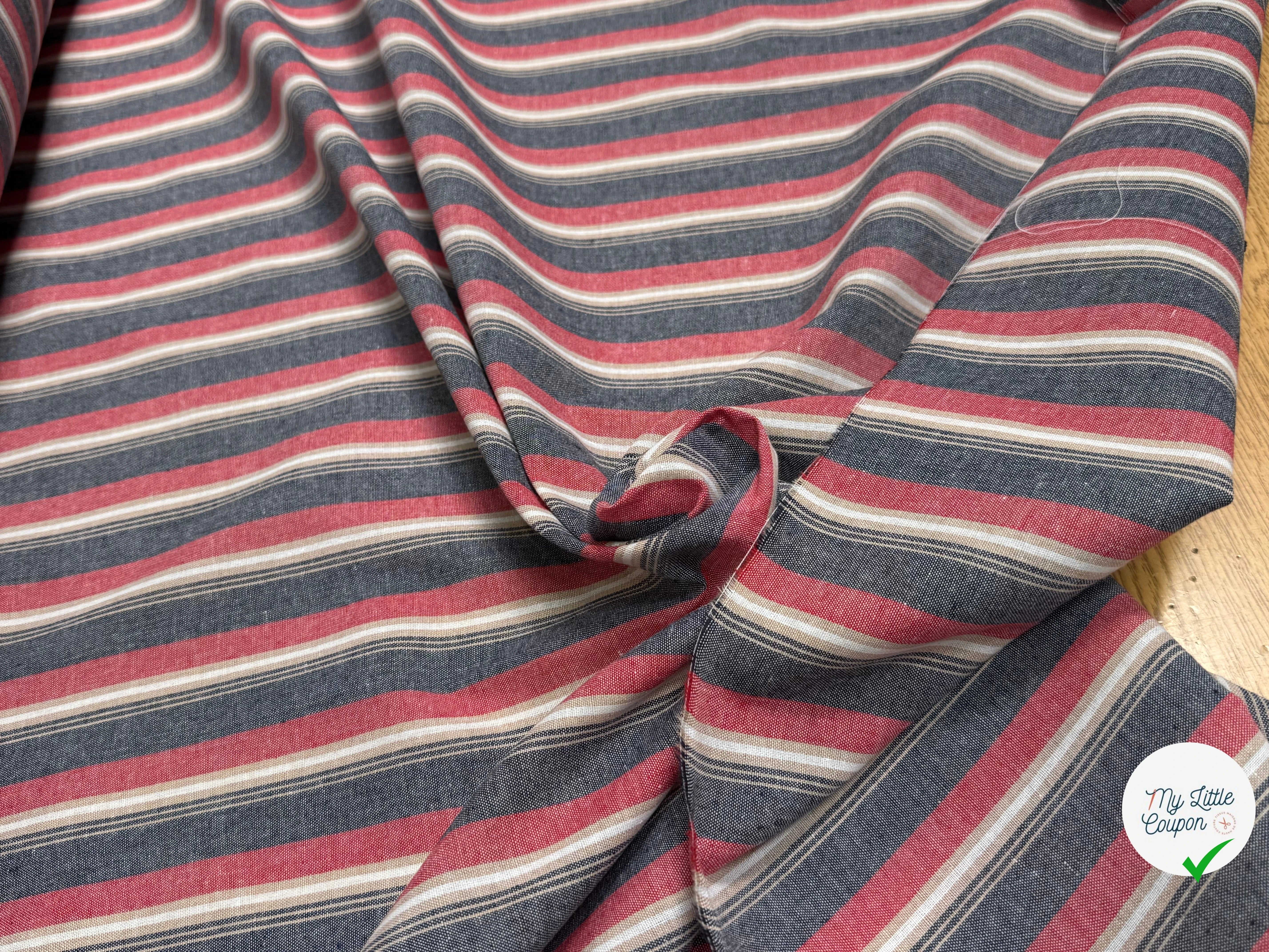 TISSU COTON ASPECT OXFORD 70% COTON RAYURES ROUGE - My Little Coupon