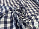 TISSU COTON TRAPPEUR A MOTIFS CARREAUX BLEU NAVY ET LIGNES ROUGE - My Little Coupon