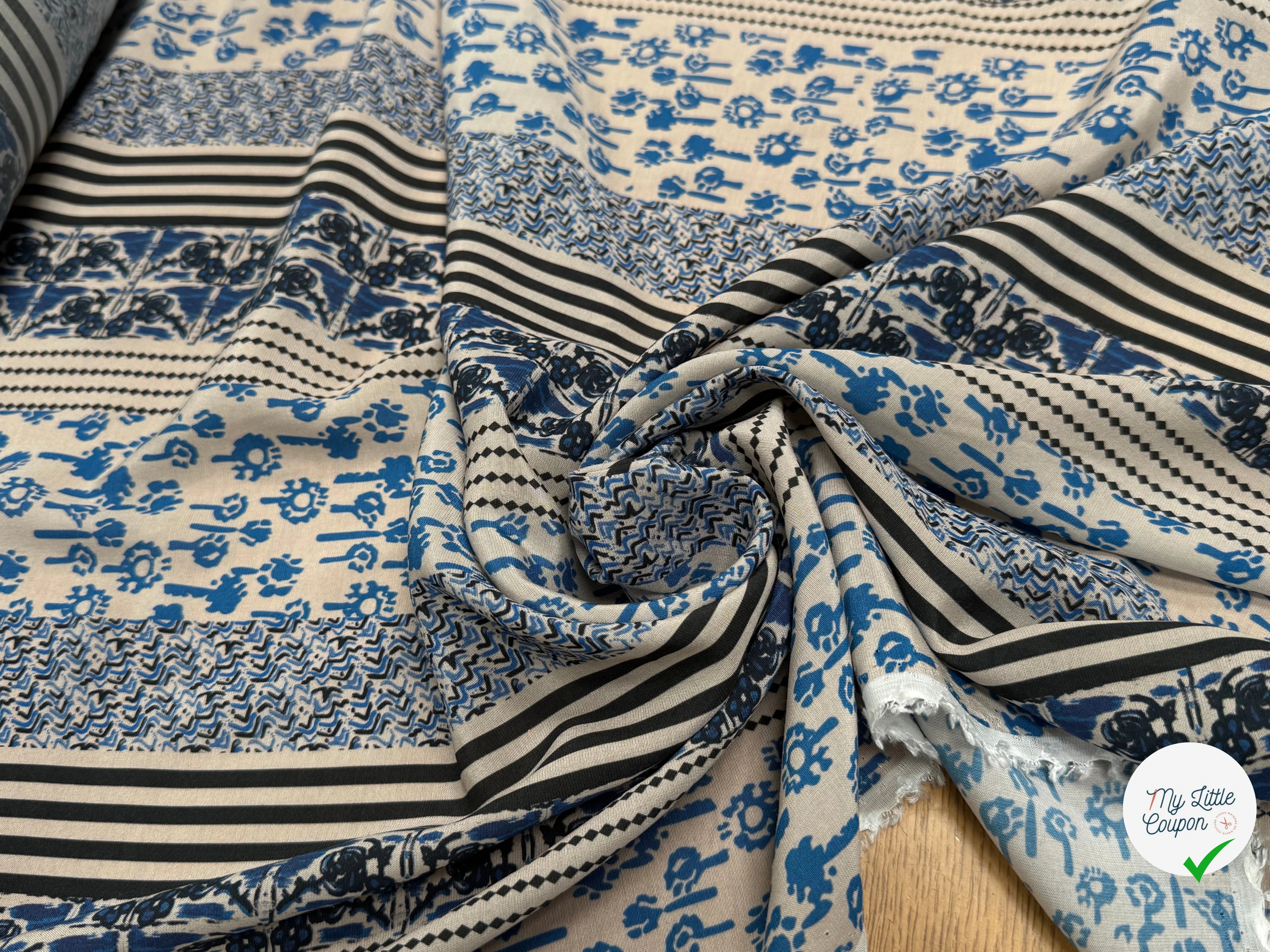 TISSU CRÊPE DE VISCOSE ÉCRU IMPRIMÉ POIS ET RAYURES BLEU TANGO QUEDUBLEU - My Little Coupon