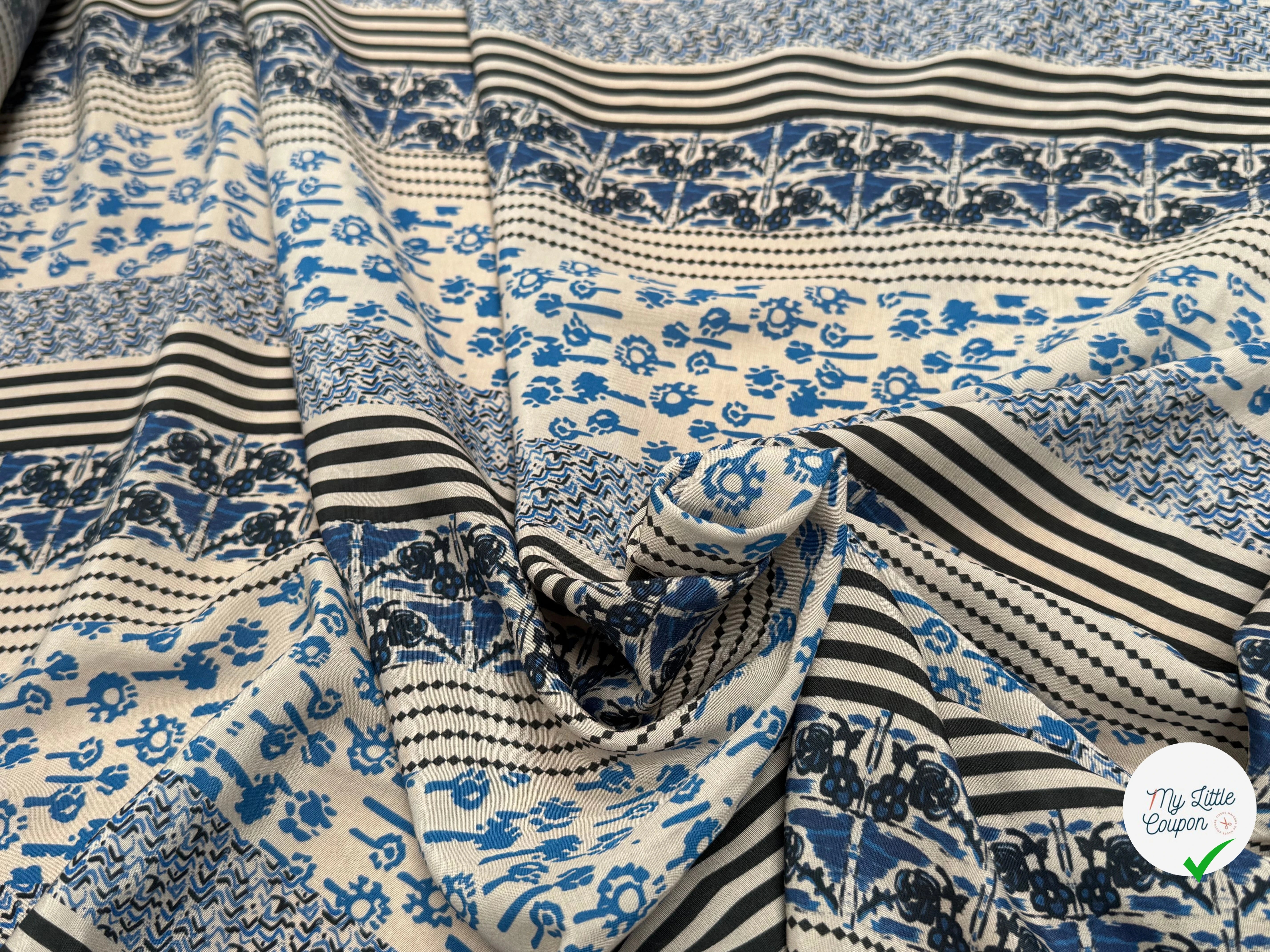 TISSU CRÊPE DE VISCOSE ÉCRU IMPRIMÉ POIS ET RAYURES BLEU TANGO QUEDUBLEU - My Little Coupon