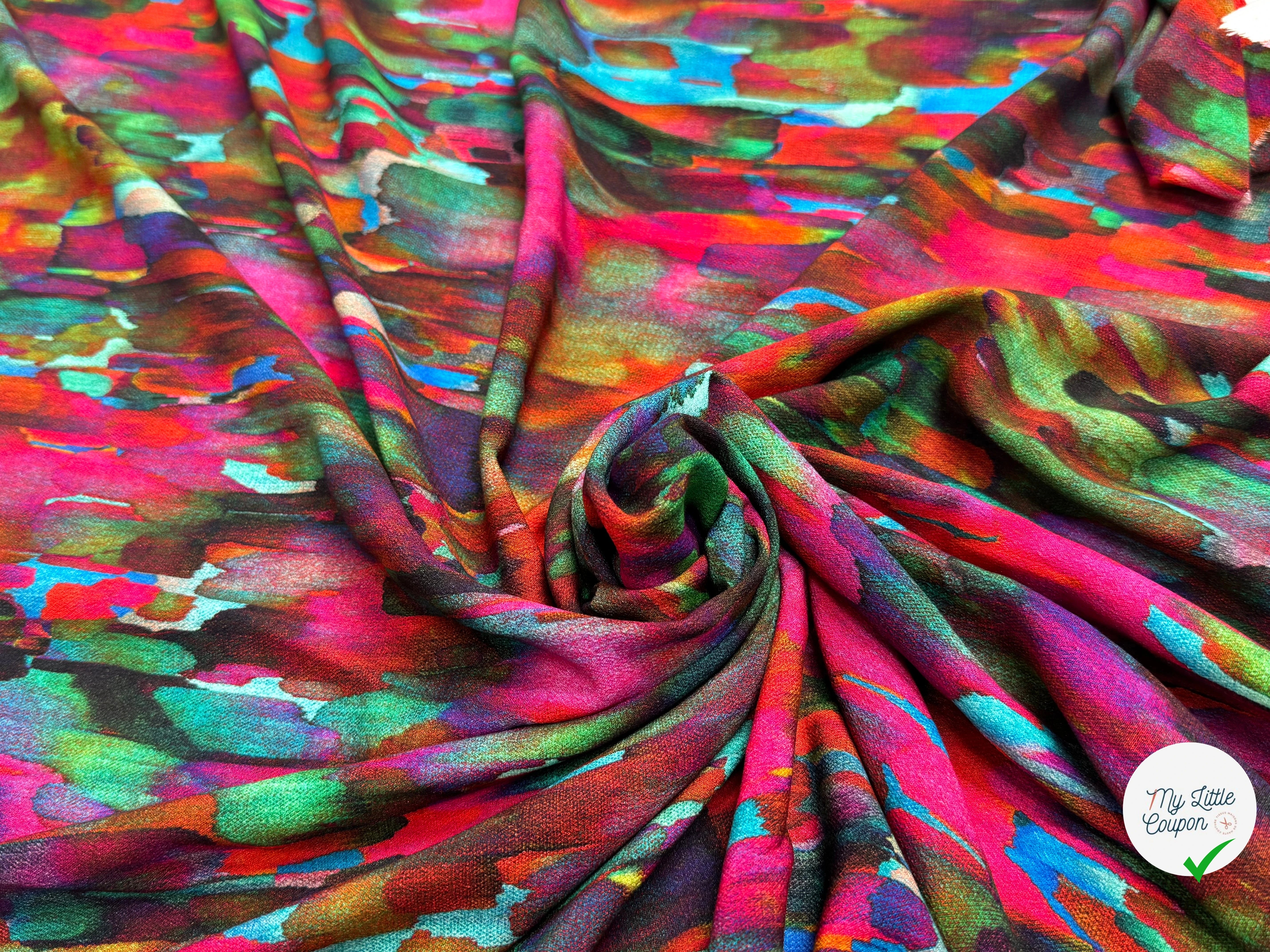 TISSU CRÊPE DE VISCOSE FLUIDE IMPRIMÉ PEINTURE MULTICOLORE CANDY PIGMENT - My Little Coupon