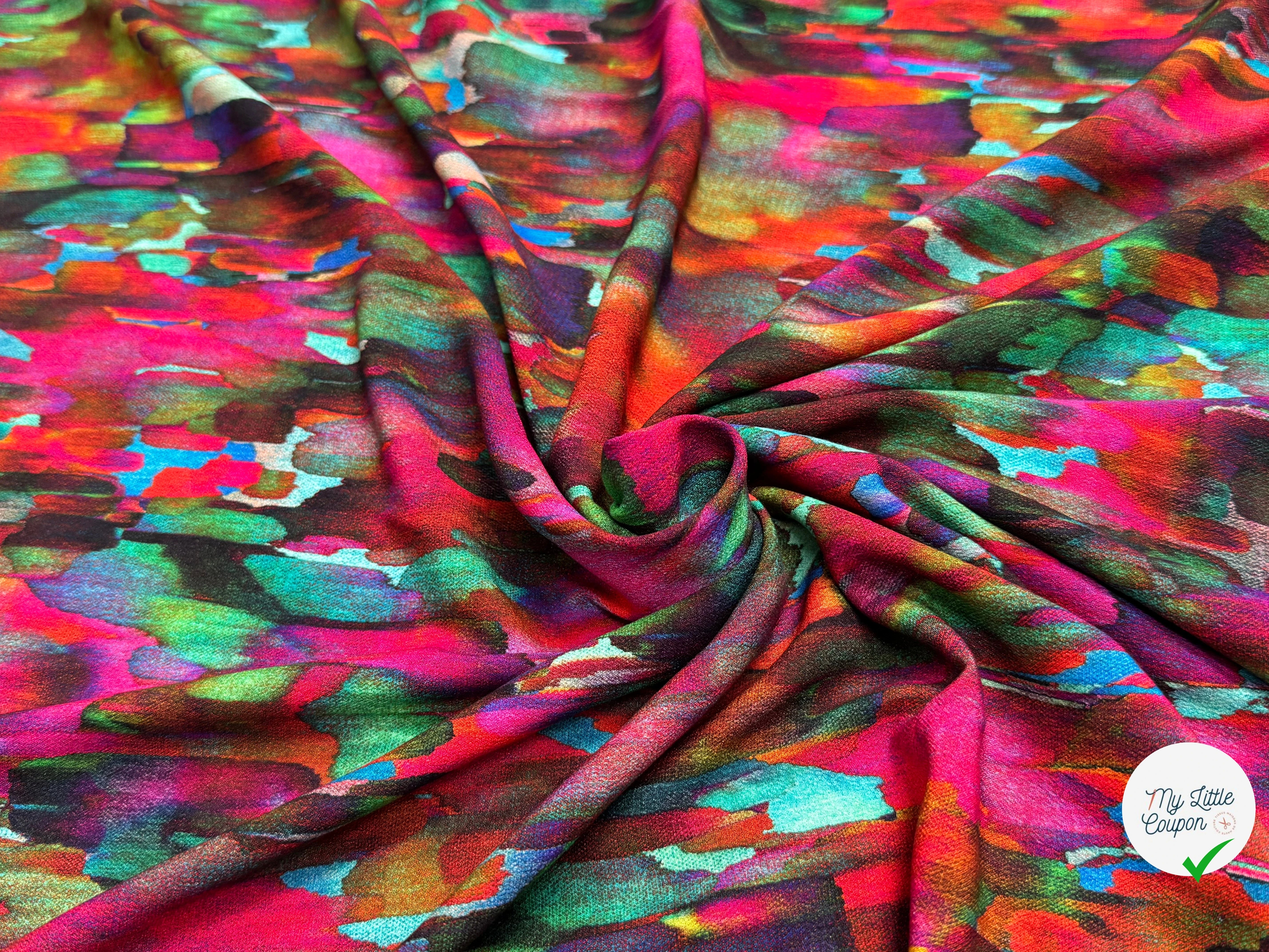 TISSU CRÊPE DE VISCOSE FLUIDE IMPRIMÉ PEINTURE MULTICOLORE CANDY PIGMENT - My Little Coupon