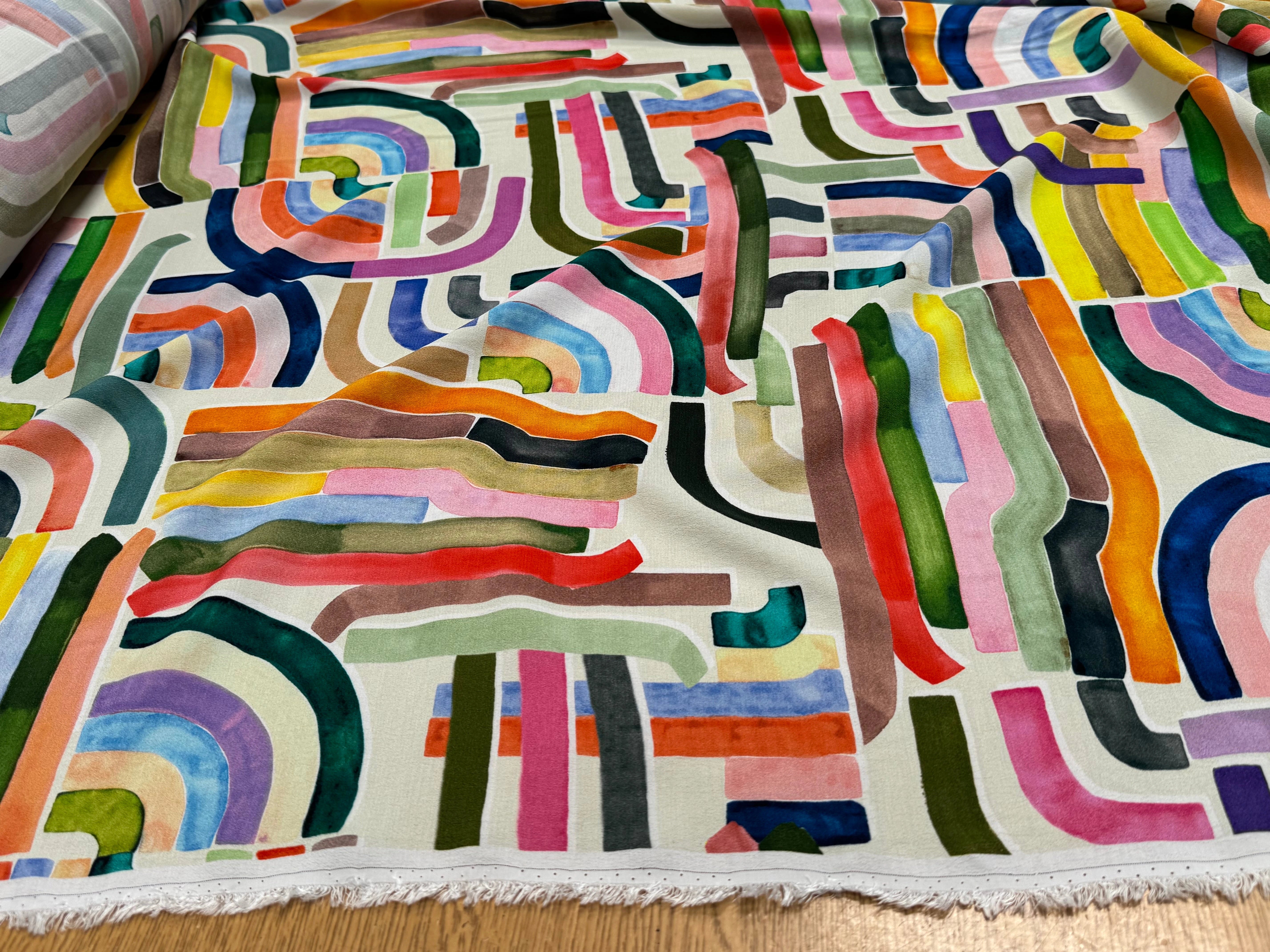 TISSU CRÊPE DE VISCOSE IMPRIMÉ GRAPHIQUE MULTICOLORE TENERE DELAUNAY MULTICOLORE - My Little Coupon