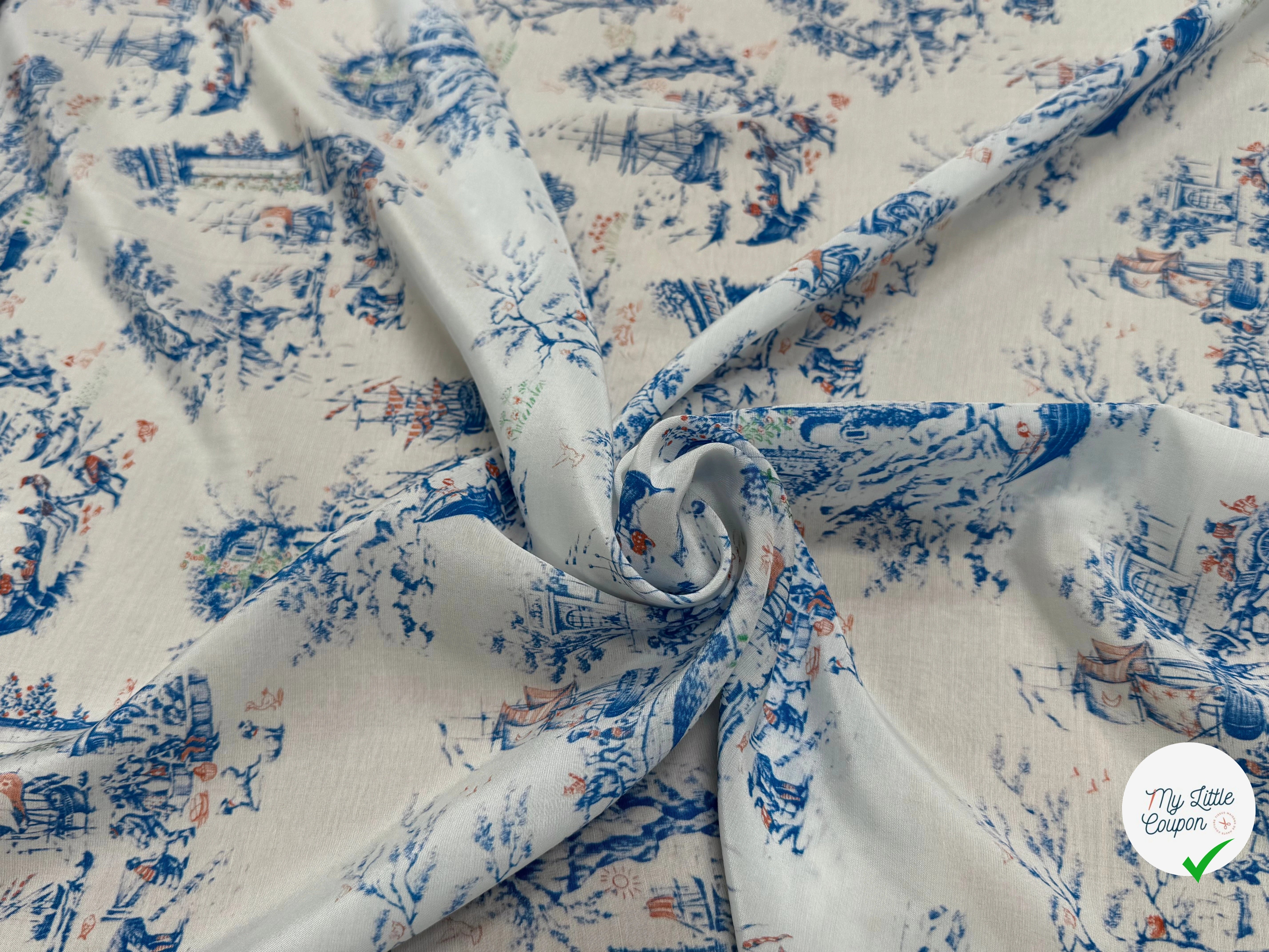 TISSU CRÊPE DE VISCOSE IMPRIMÉ TOILE DE JOUY BLEU ET BLANC TANGO TOILE DE JOUY - My Little Coupon