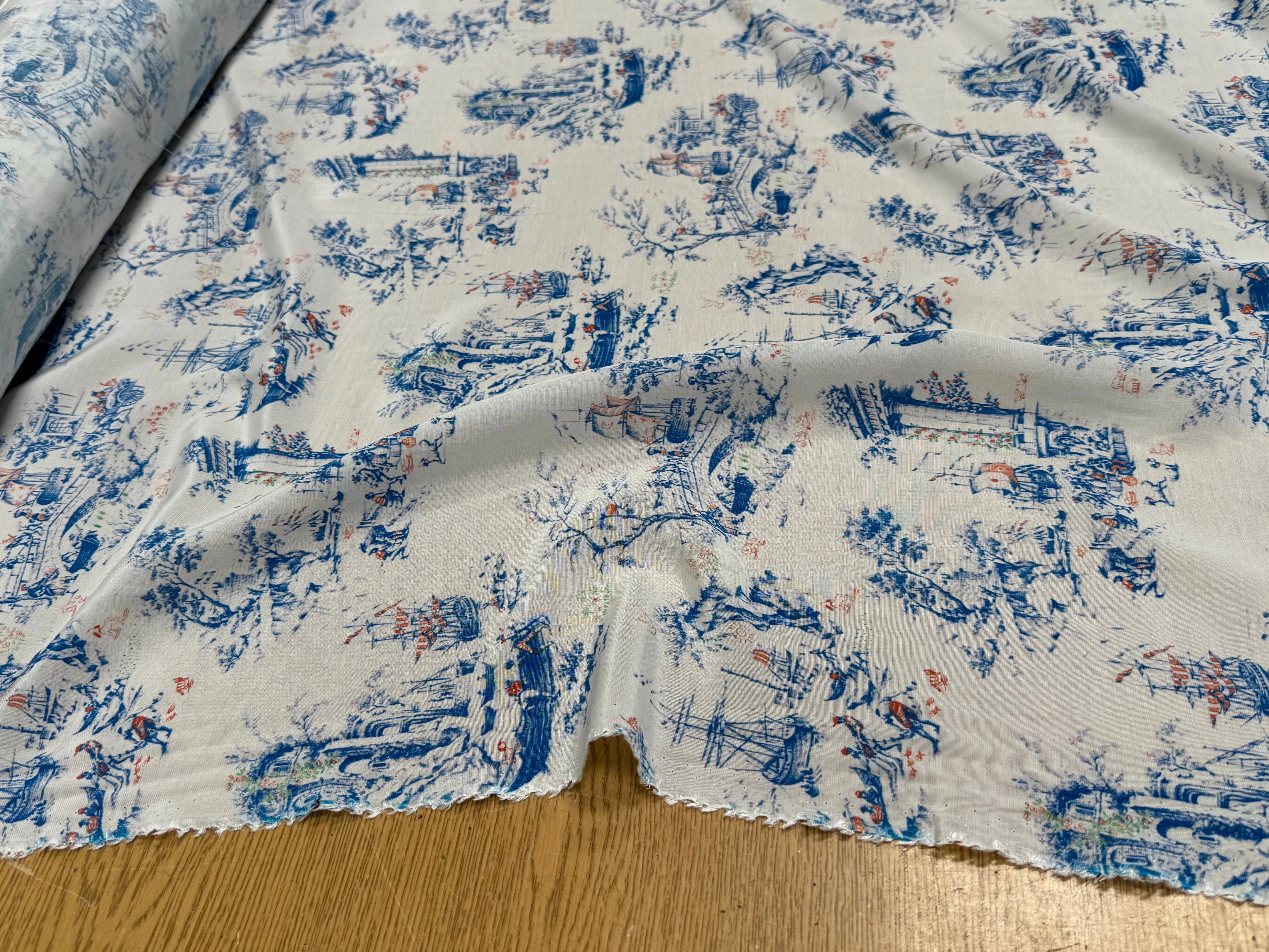 TISSU CRÊPE DE VISCOSE IMPRIMÉ TOILE DE JOUY BLEU ET BLANC TANGO TOILE DE JOUY - My Little Coupon
