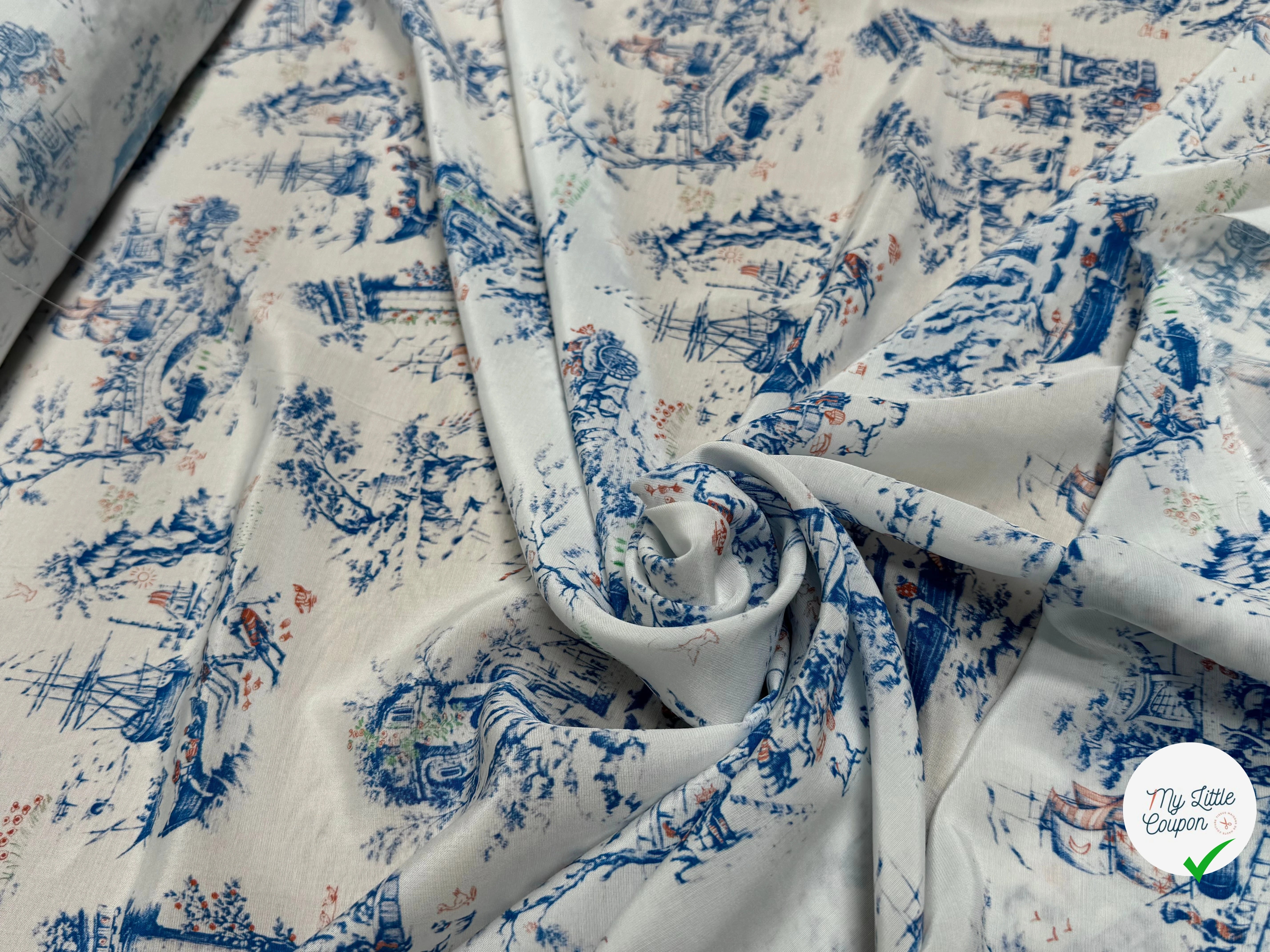 TISSU CRÊPE DE VISCOSE IMPRIMÉ TOILE DE JOUY BLEU ET BLANC TANGO TOILE DE JOUY - My Little Coupon