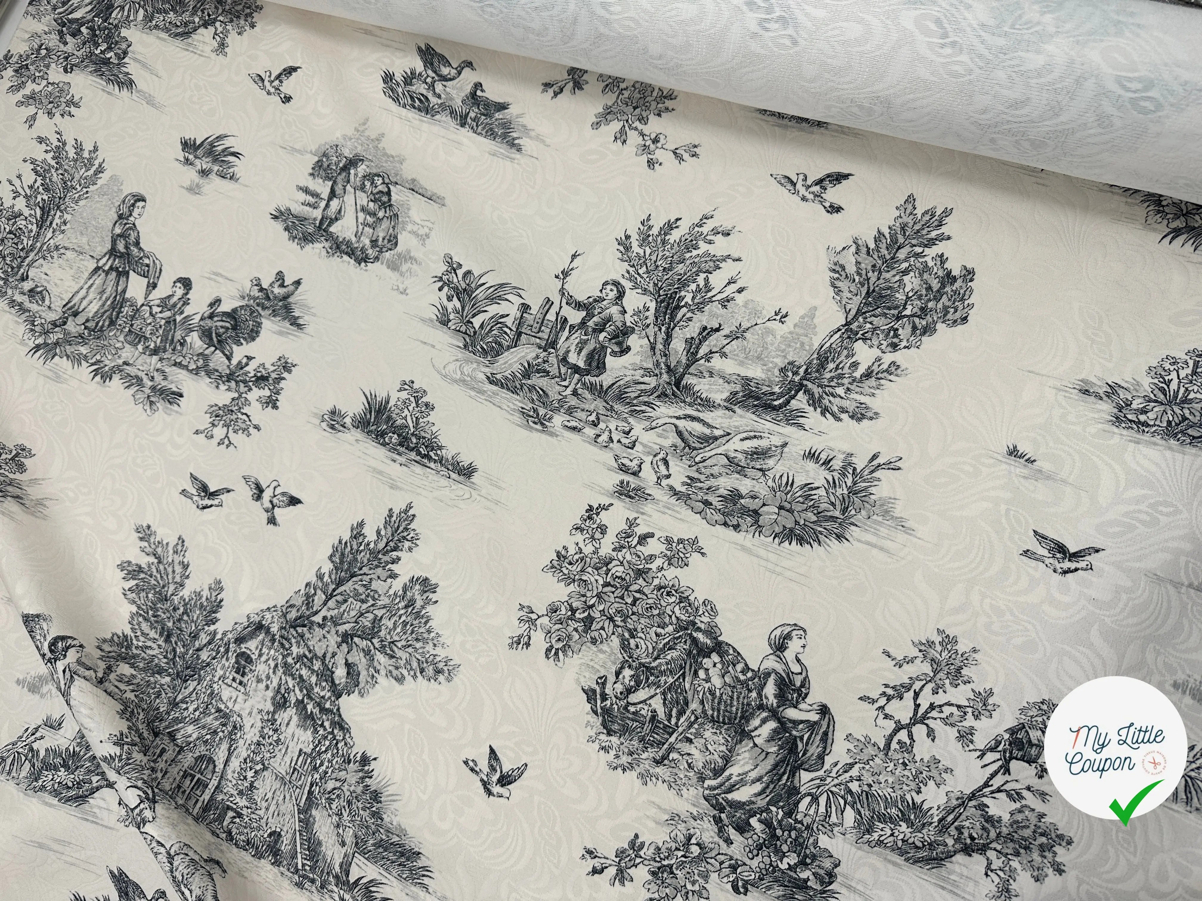 TISSU DAMASSÉ BLANC FLORILÈGE TOILE DE JOUY NOIR MSO