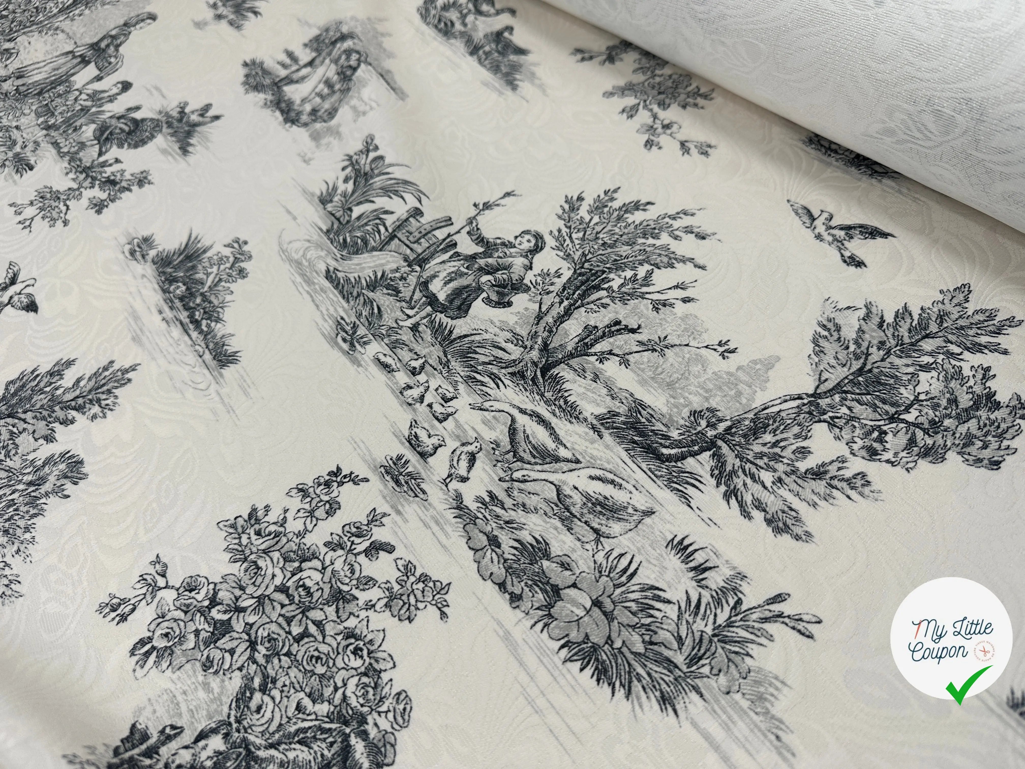TISSU DAMASSÉ BLANC FLORILÈGE TOILE DE JOUY NOIR MSO