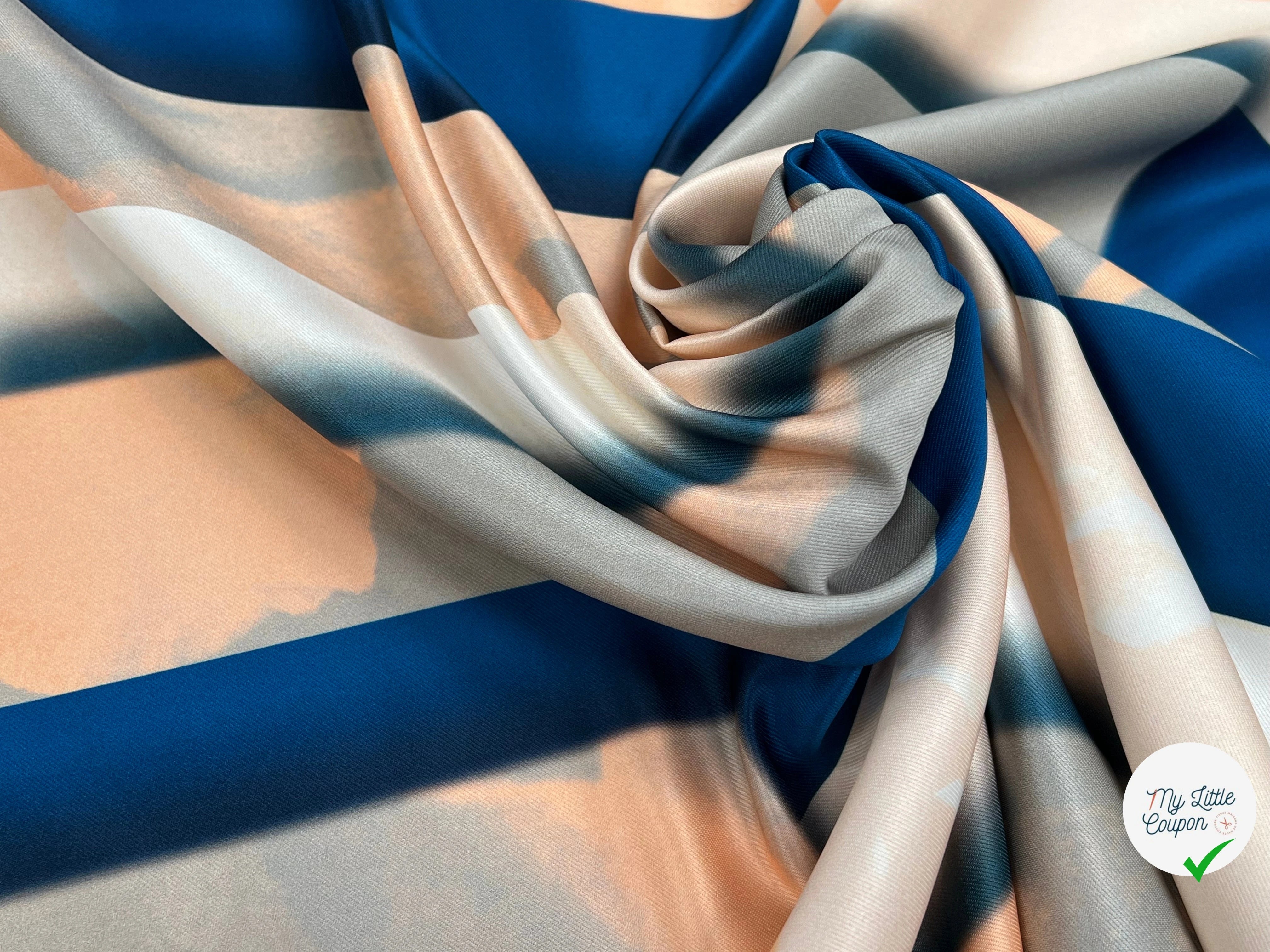 TISSU SATINÉ POLYESTER MOTIF AMBIANCE BLEU ROSE - My Little Coupon