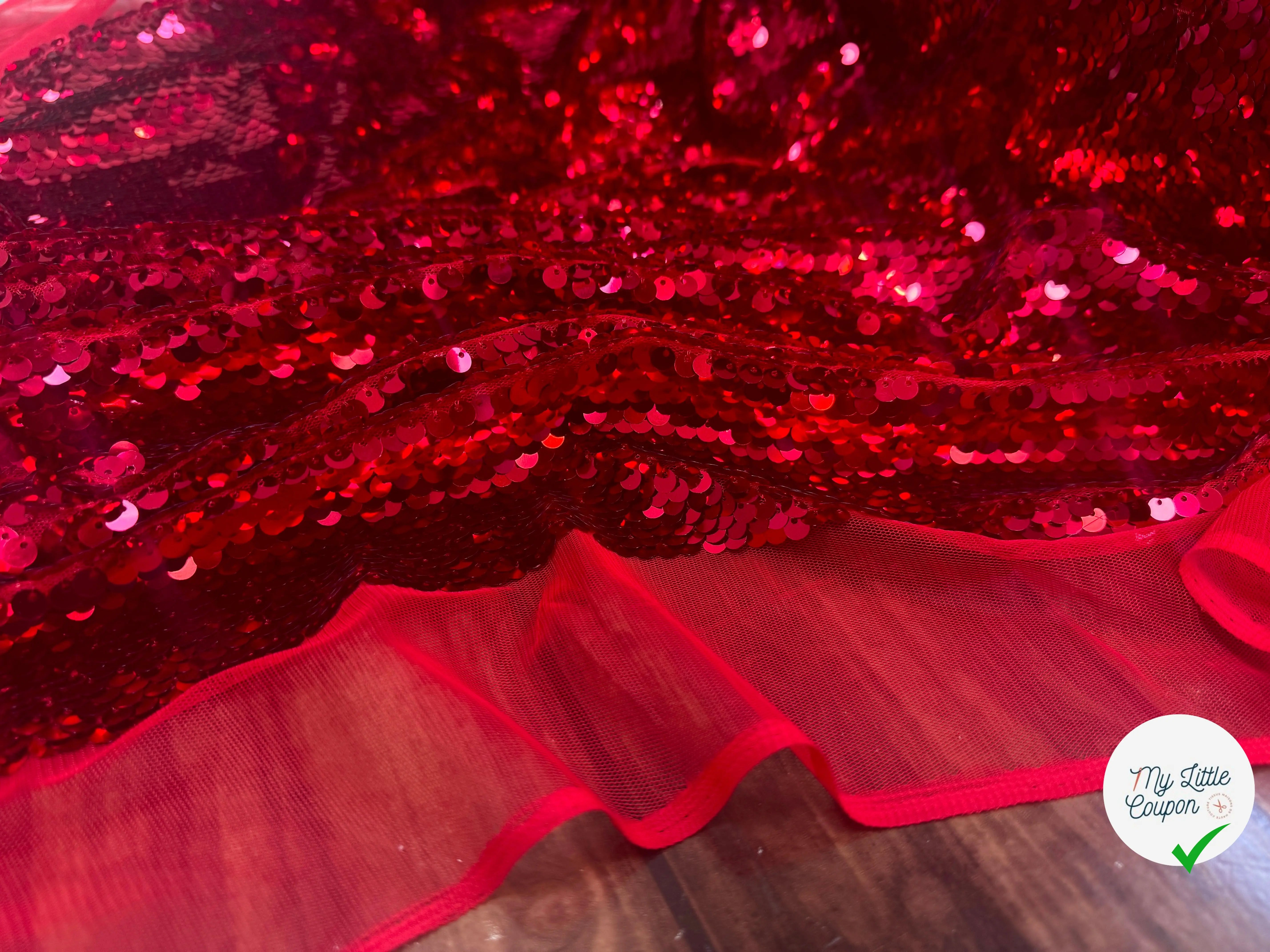 TISSU SEQUIN PAILLETTES SUR TULLE ROUGE RUBIS - My Little Coupon