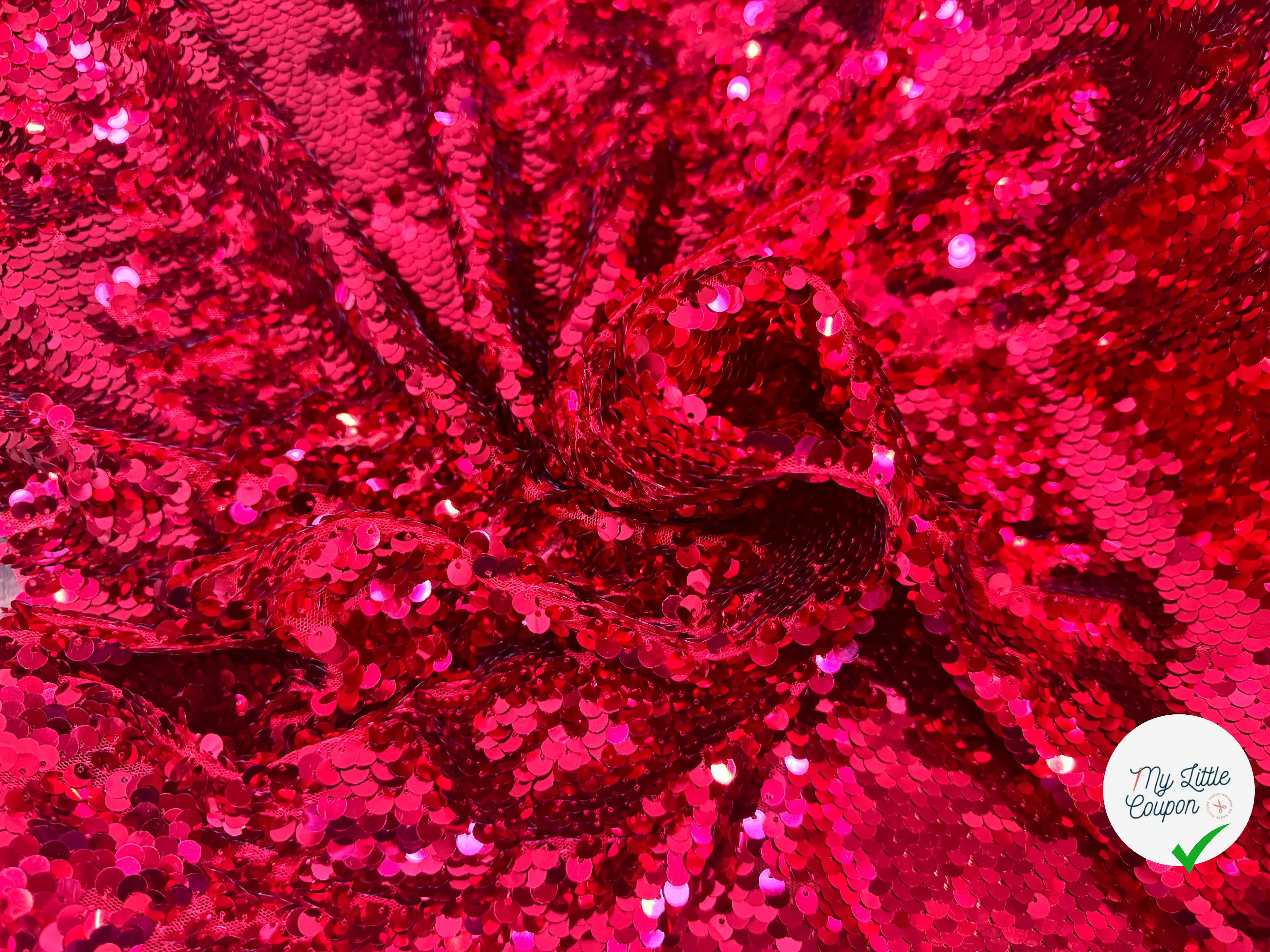 TISSU SEQUIN PAILLETTES SUR TULLE ROUGE RUBIS - My Little Coupon