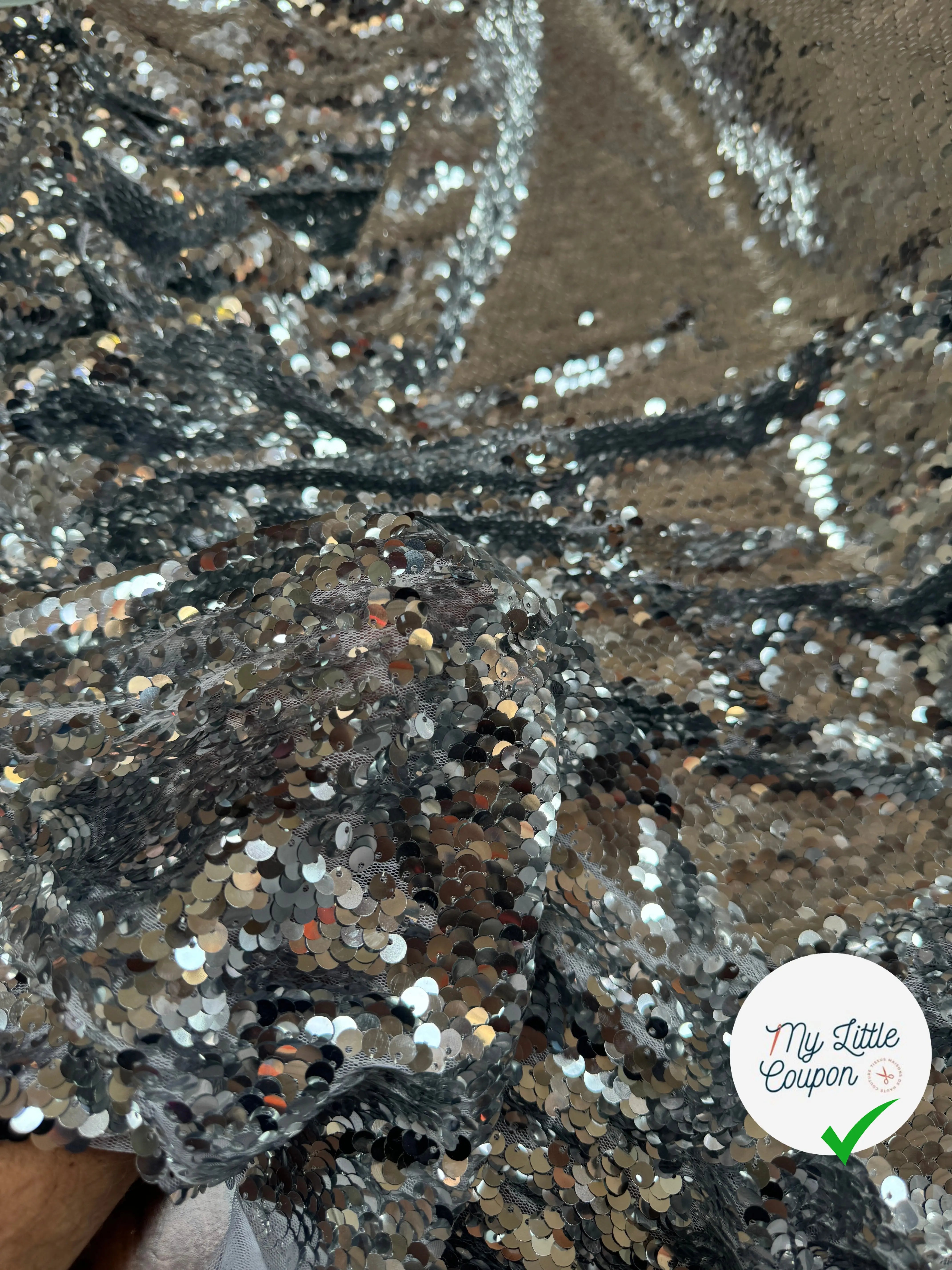 TISSU SEQUIN PAILLETTES SUR TULLE SILVER - My Little Coupon